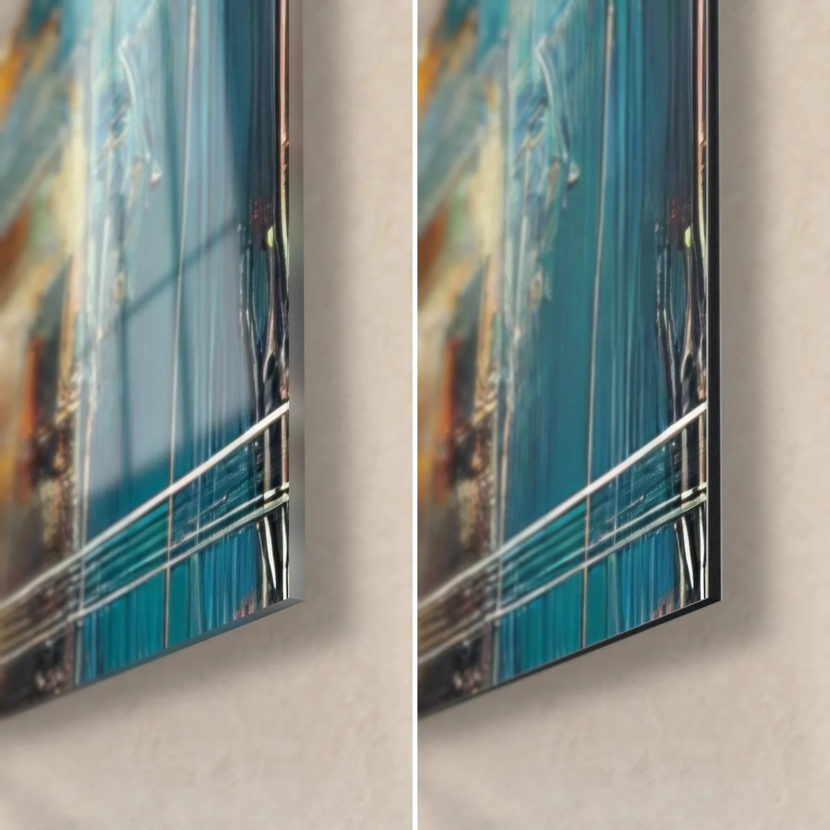 Wall art abstract painting, turquoise and ochre lower right corner, glossy acrylic glass on the left, matte brushed Dibond aluminium on the right, 3 mm edge