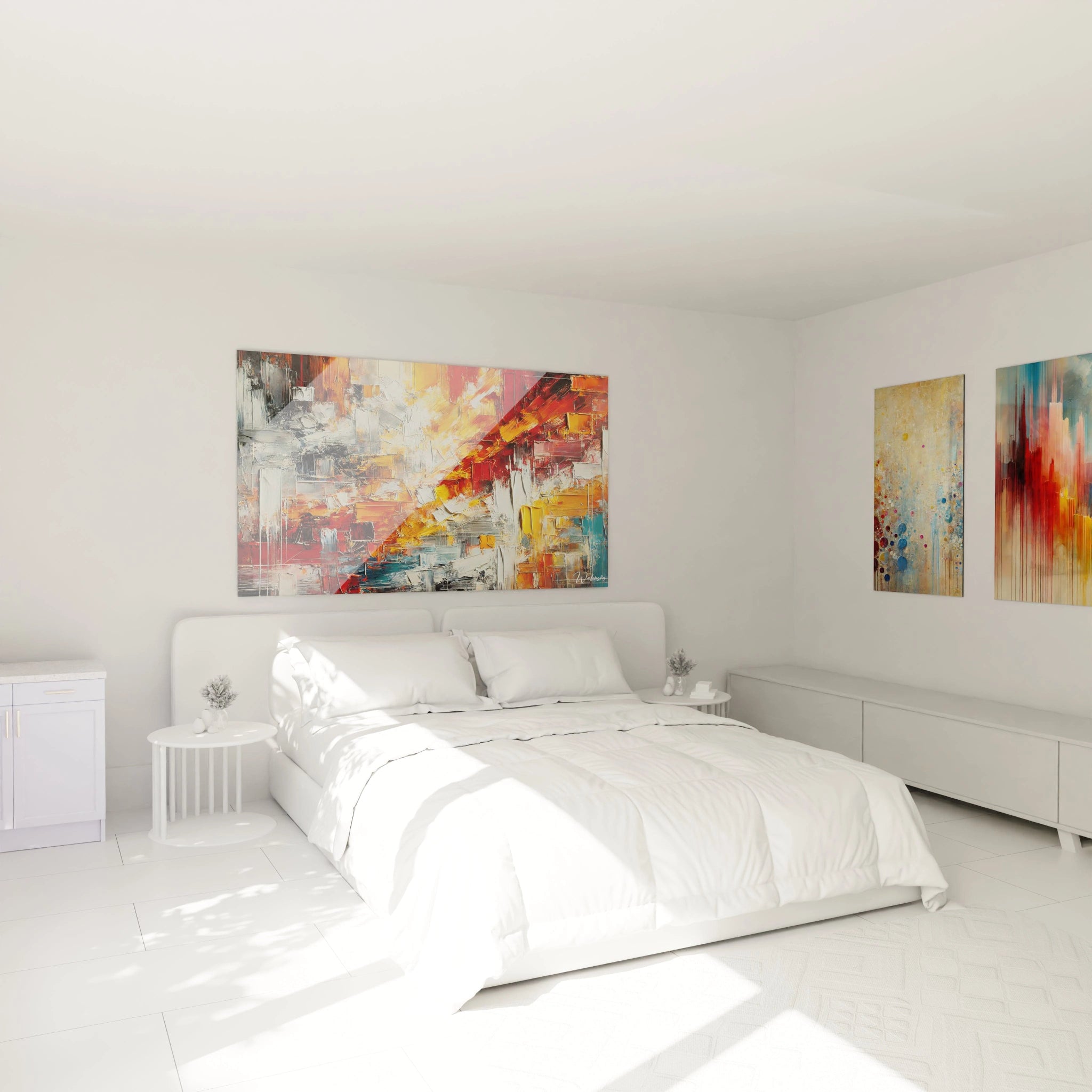 Apportez une touche d'énergie à votre chambre avec "Éclats de Passion". Ce tableau vibrant au-dessus du lit inspire la passion grâce à ses couleurs chaudes et ses textures en relief.