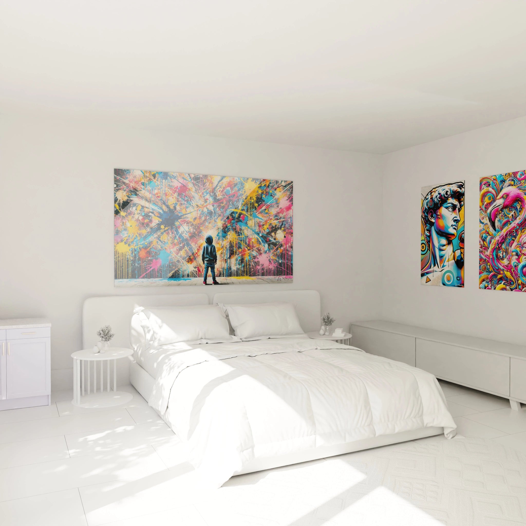 "Décoration chambre avec tableau dynamique. Un enfant face à une fresque multicolore, apportant une touche artistique et moderne à l'espace de sommeil. Parfait pour un intérieur vibrant."