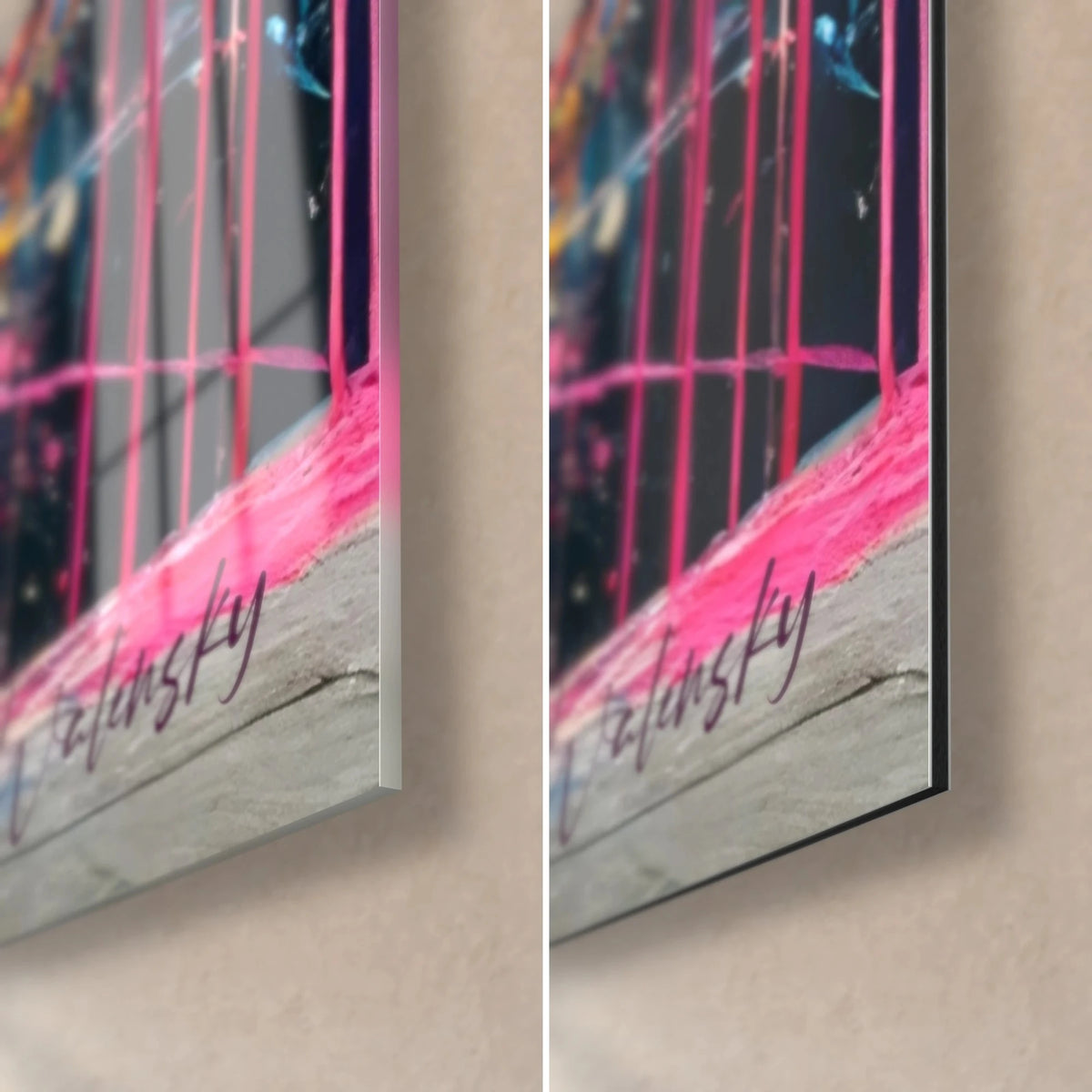 Wall art child silhouette and neon pink drips, bottom right corner: glossy acrylic glass on the left, matte Dibond aluminium on the right