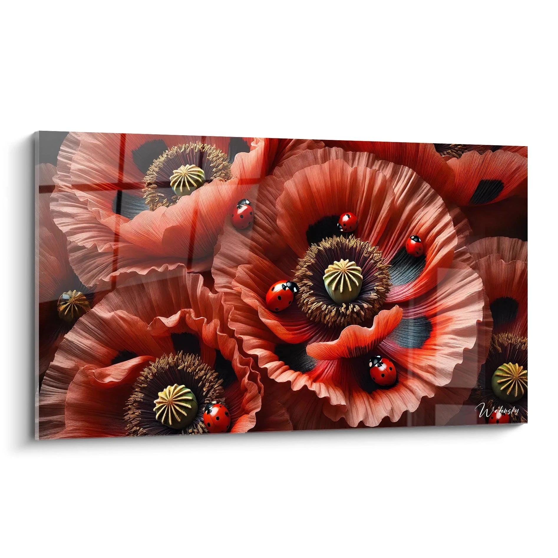 tableau coccinelle en vue de biais presentant les details saisissants des fleurs et des insectes une œuvre ideale pour un interieur lumineux ajoutant couleur et vie avec des tons rouges noirs et or