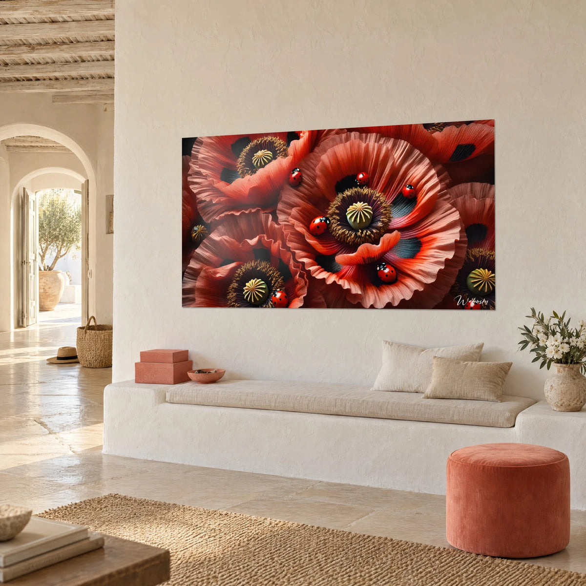 Wall art of salmon and bright red poppy blooms with golden stamens, shown in three-quarter view on a white wall above a stone bench