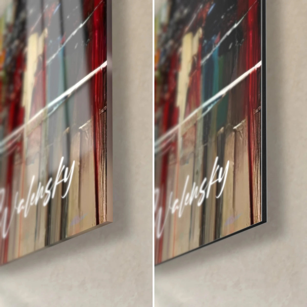 Wall art dark tree trunks with red drips, lower right corner, glossy acrylic glass on the left and matte white Dibond on the right