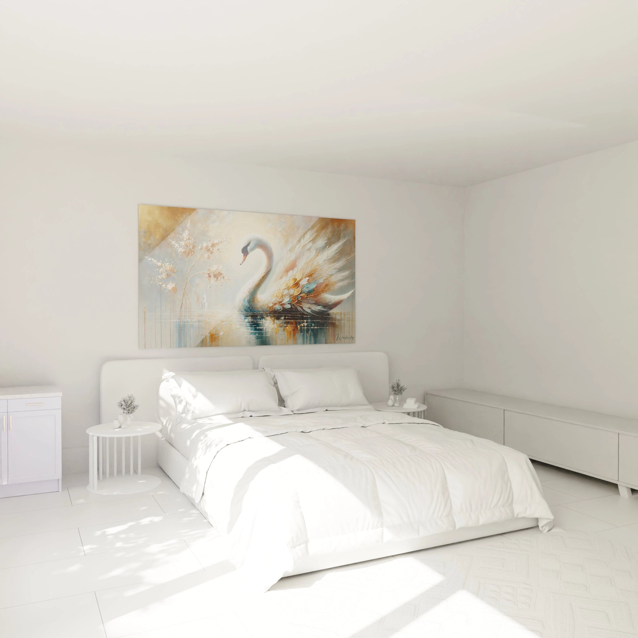 tableau cygne dans une chambre au dessus du lit ajoutant grâce et sophistication avec ses nuances dorées et bleues apaisantes