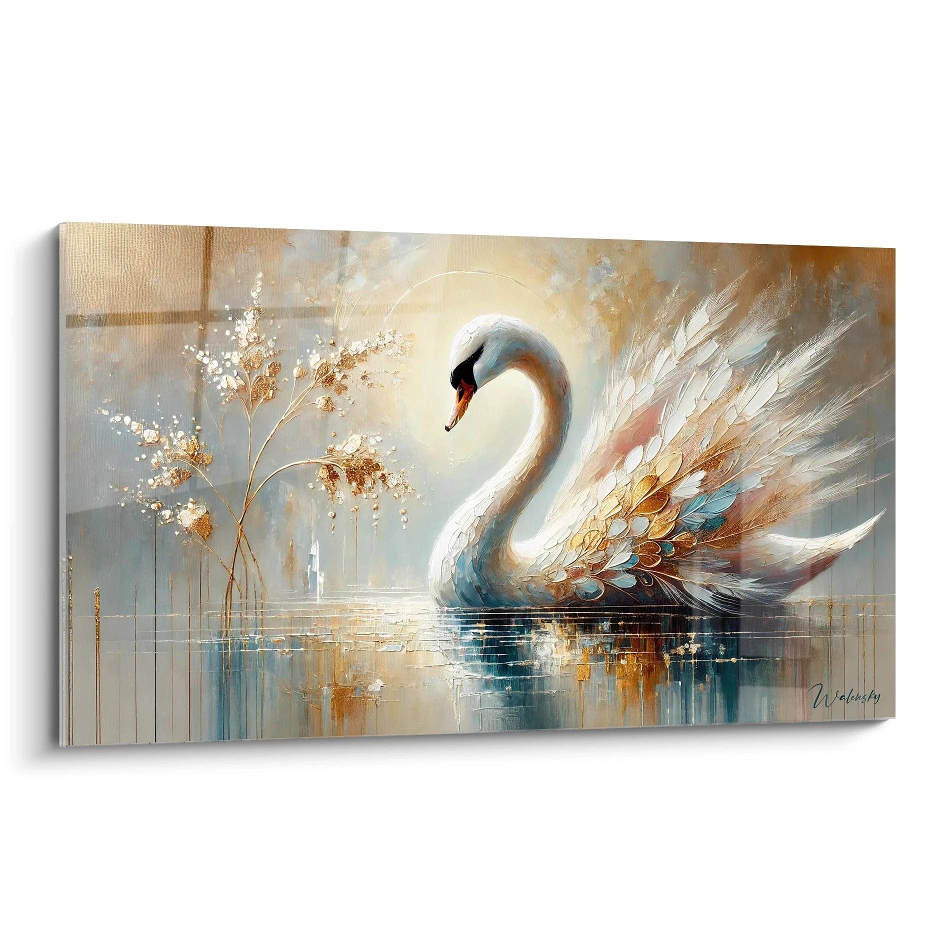 tableau cygne élégant aux reflets dorés vu de biais alliant réalisme et abstraction parfait pour une touche poétique et luxueuse