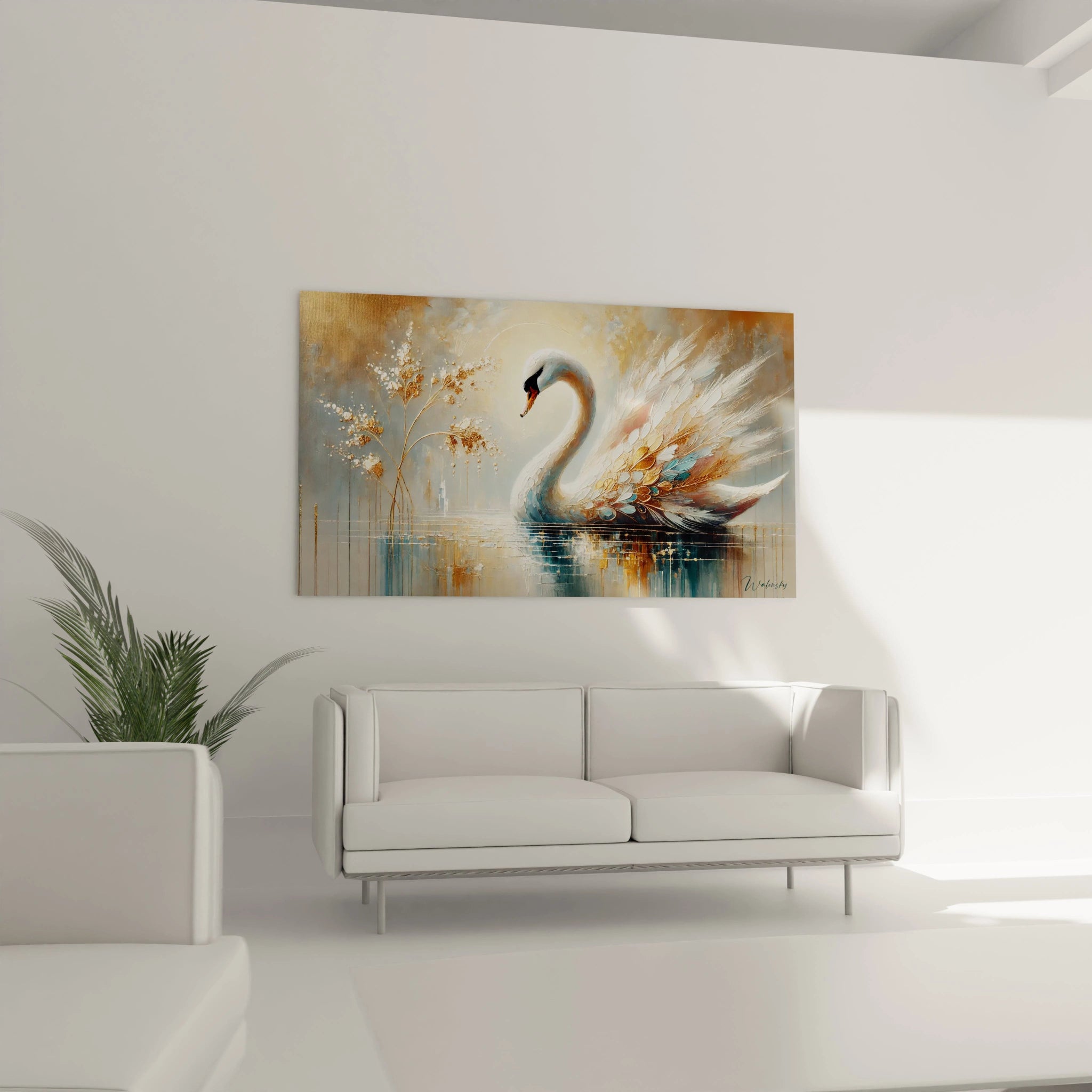 tableau cygne accroché dans un salon apportant élégance et harmonie à votre espace avec ses reflets dorés et ses détails soignés