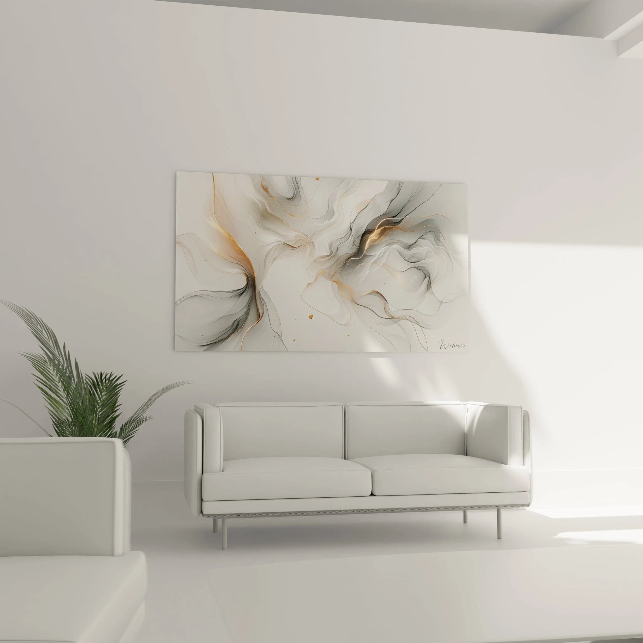 Tableau abstrait montrant des formes nuageuses diaphanes entrelacées. Gamme chromatique épurée de blanc pur, gris fumé et or brillant. Effet visuel de transparence obtenu par superposition de couches fines et lignes fluides. Composition aérée avec ondulations asymétriques et touches dorées ponctuelles sur fond immaculé.