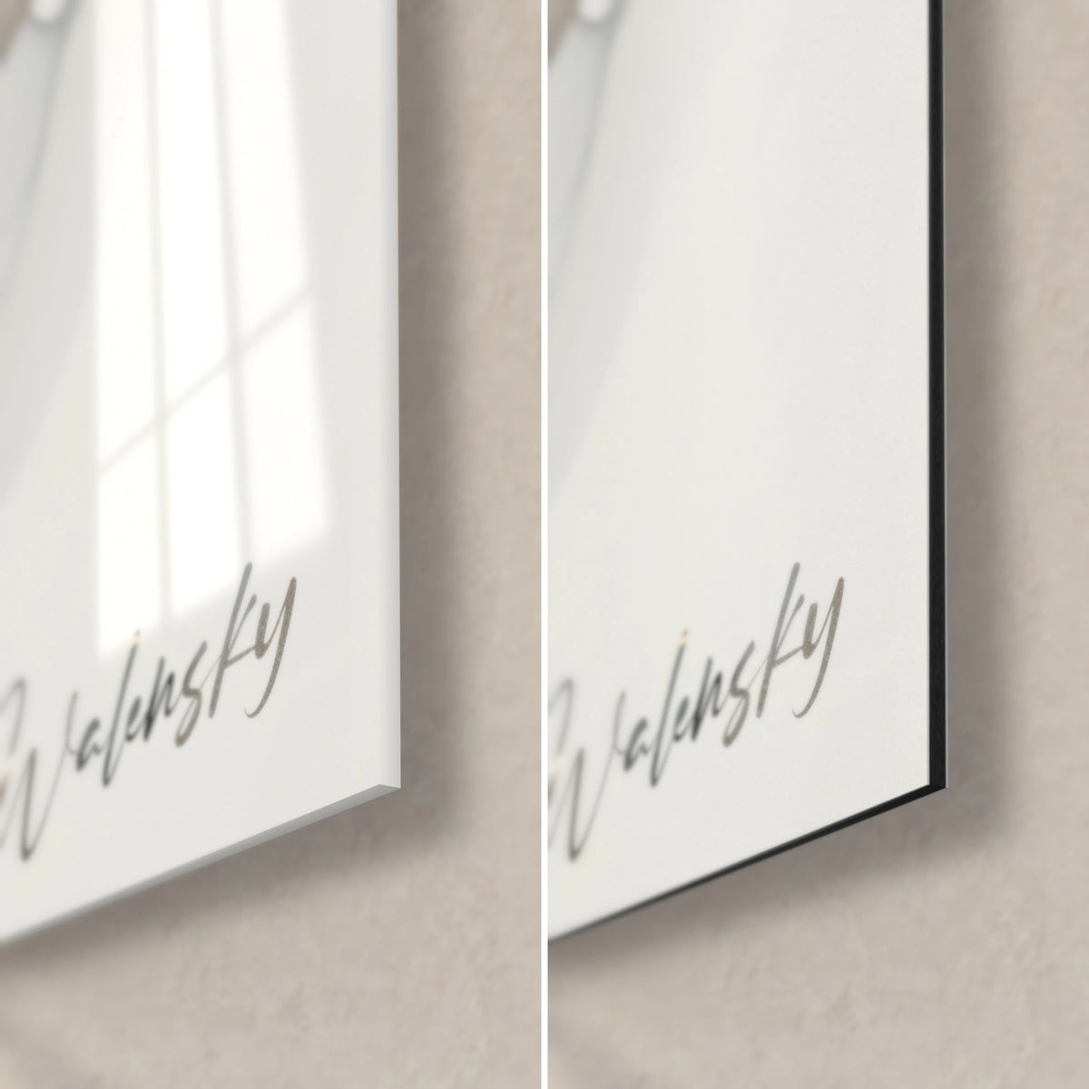 Gemälde aus fließendem Grau- und Goldstoff, untere rechte Ecke: glänzender Acrylglas-Reflex, mattschwarzes Alu-Dibond, 3 mm Kantenstärke