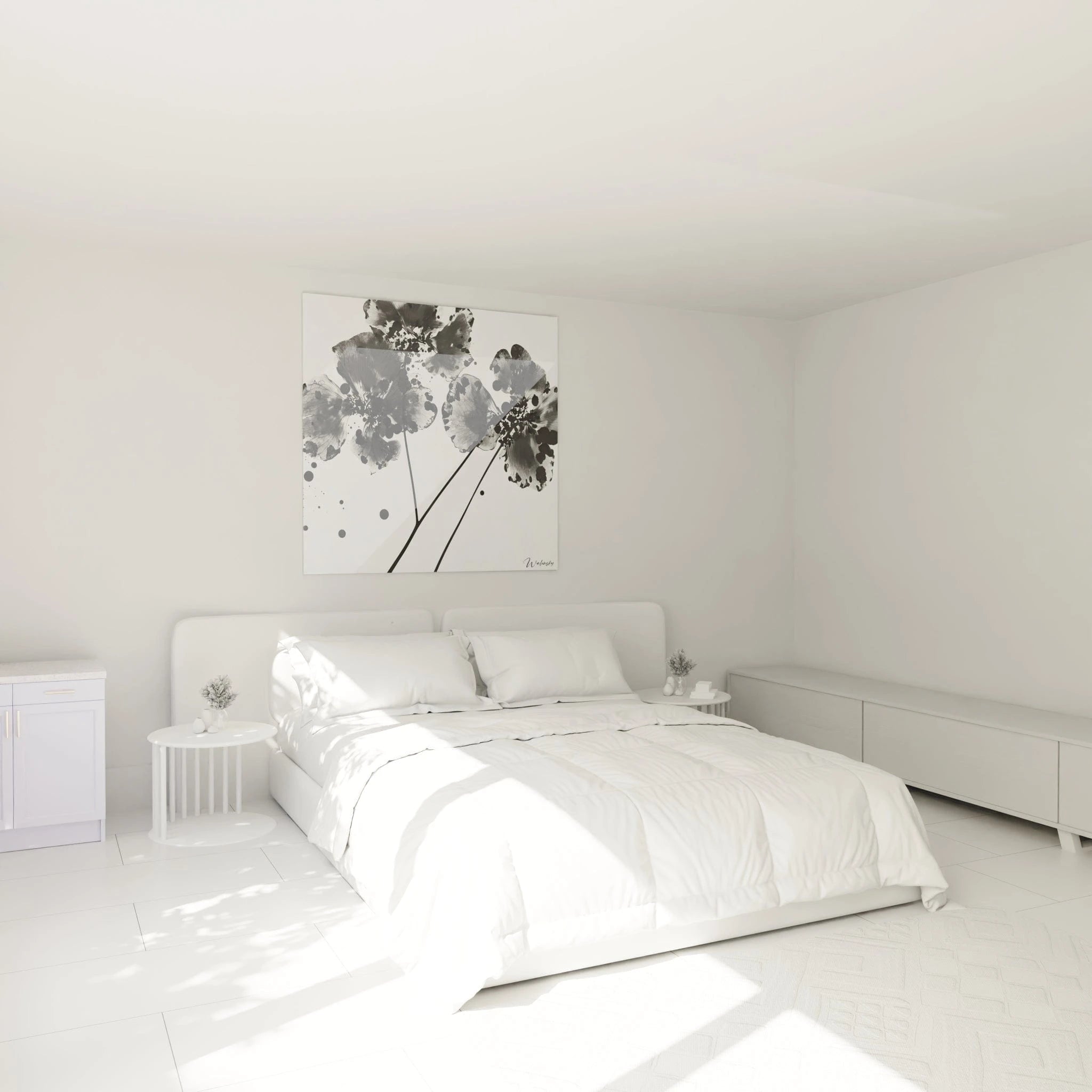 Tableau tacheté noir et blanc Walensky sur un mur clair dans une chambre moderne