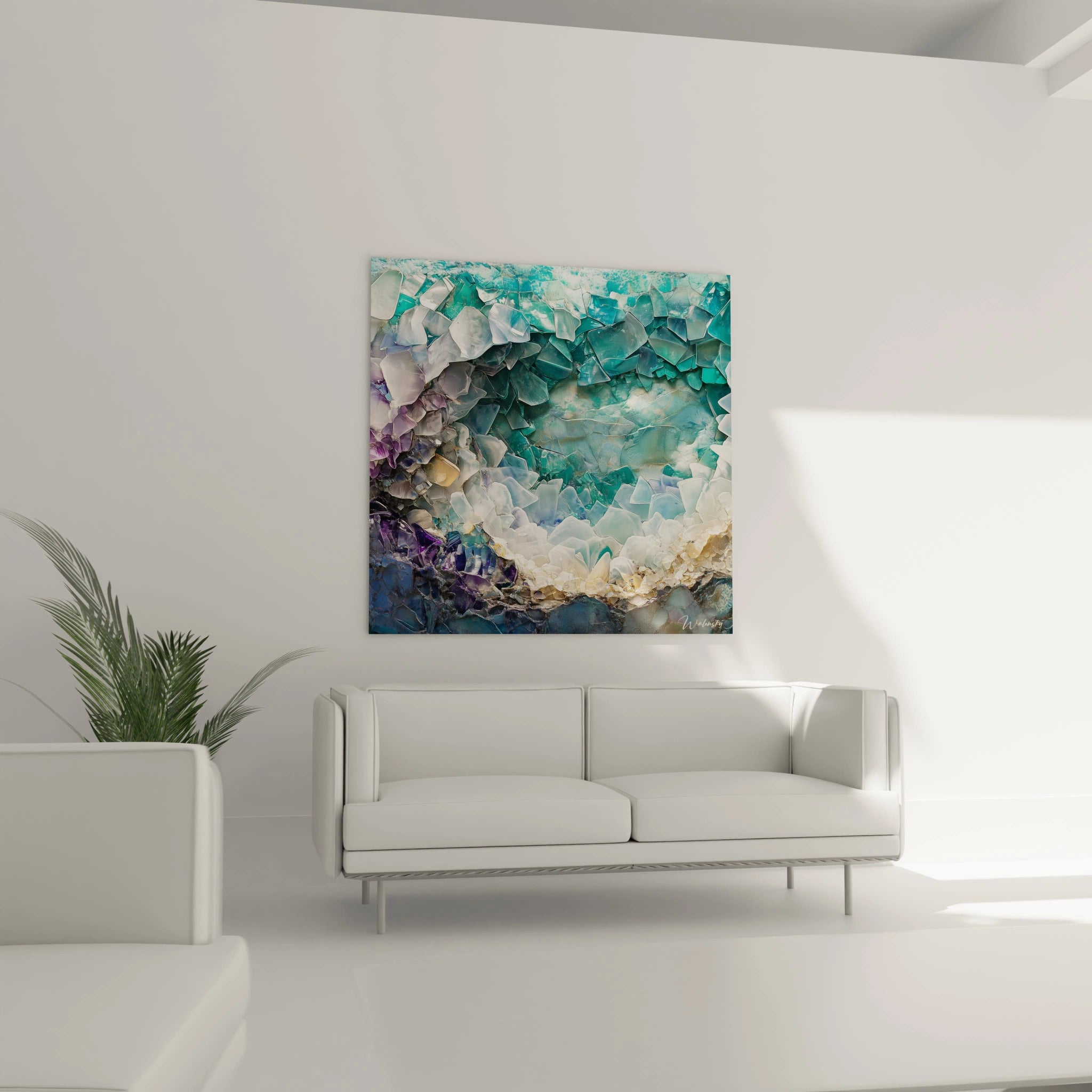 Tableau géométrique abstrait Walensky aux couleurs turquoise et crème, parfait pour décorer votre salon moderne