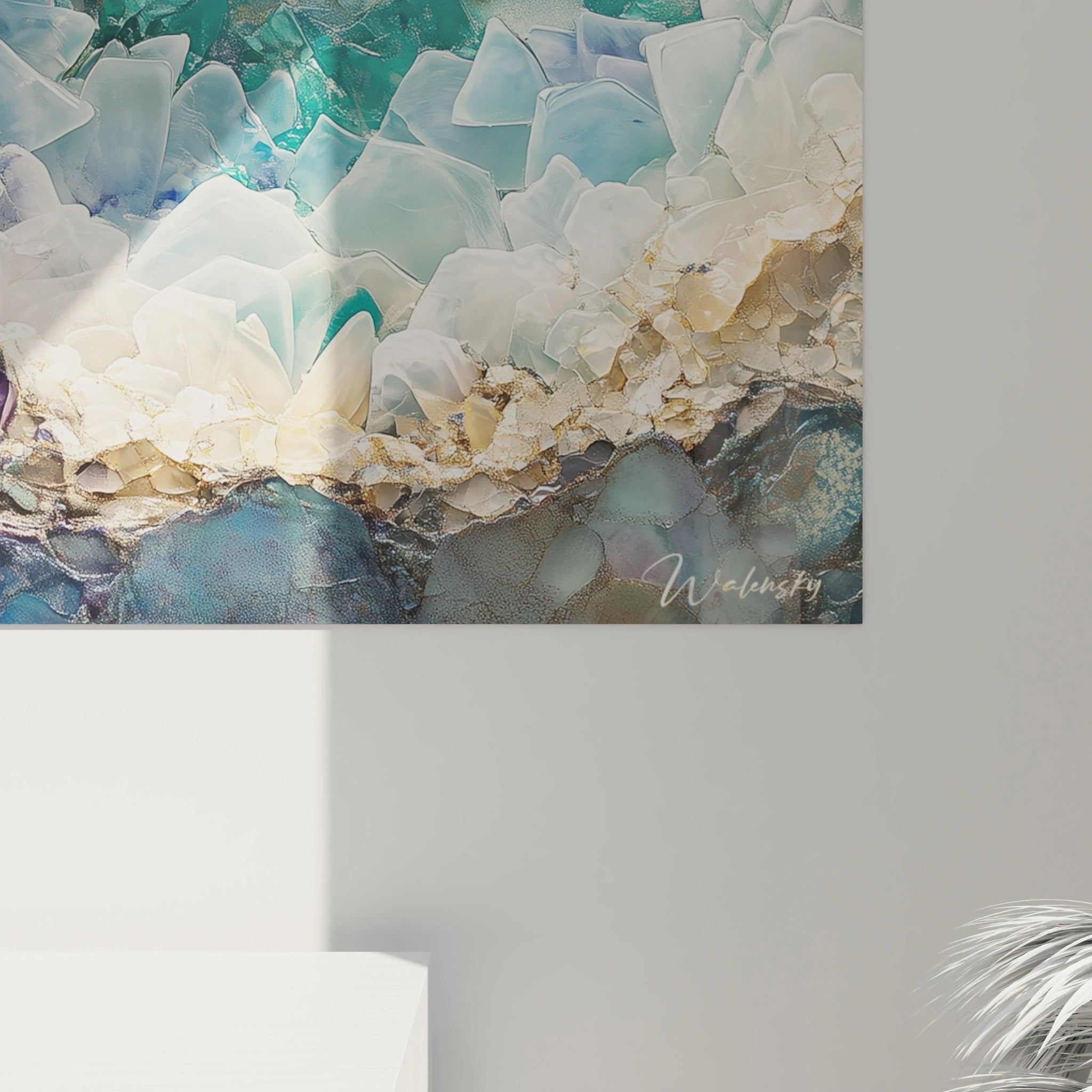 Tableau géométrique abstrait Walensky avec des nuances de turquoise et de blanc, offrant une ambiance moderne