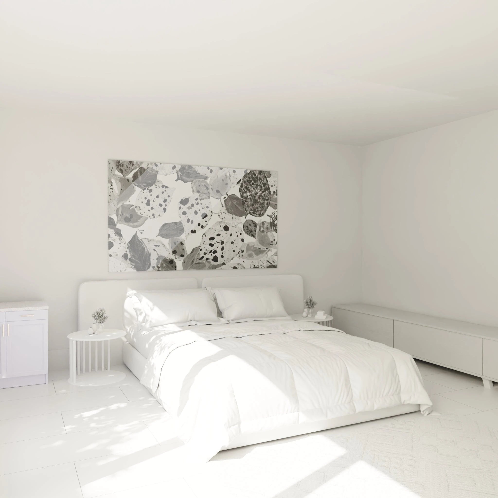 Tableau tacheté noir et blanc de Walensky accroché au mur dans une chambre moderne