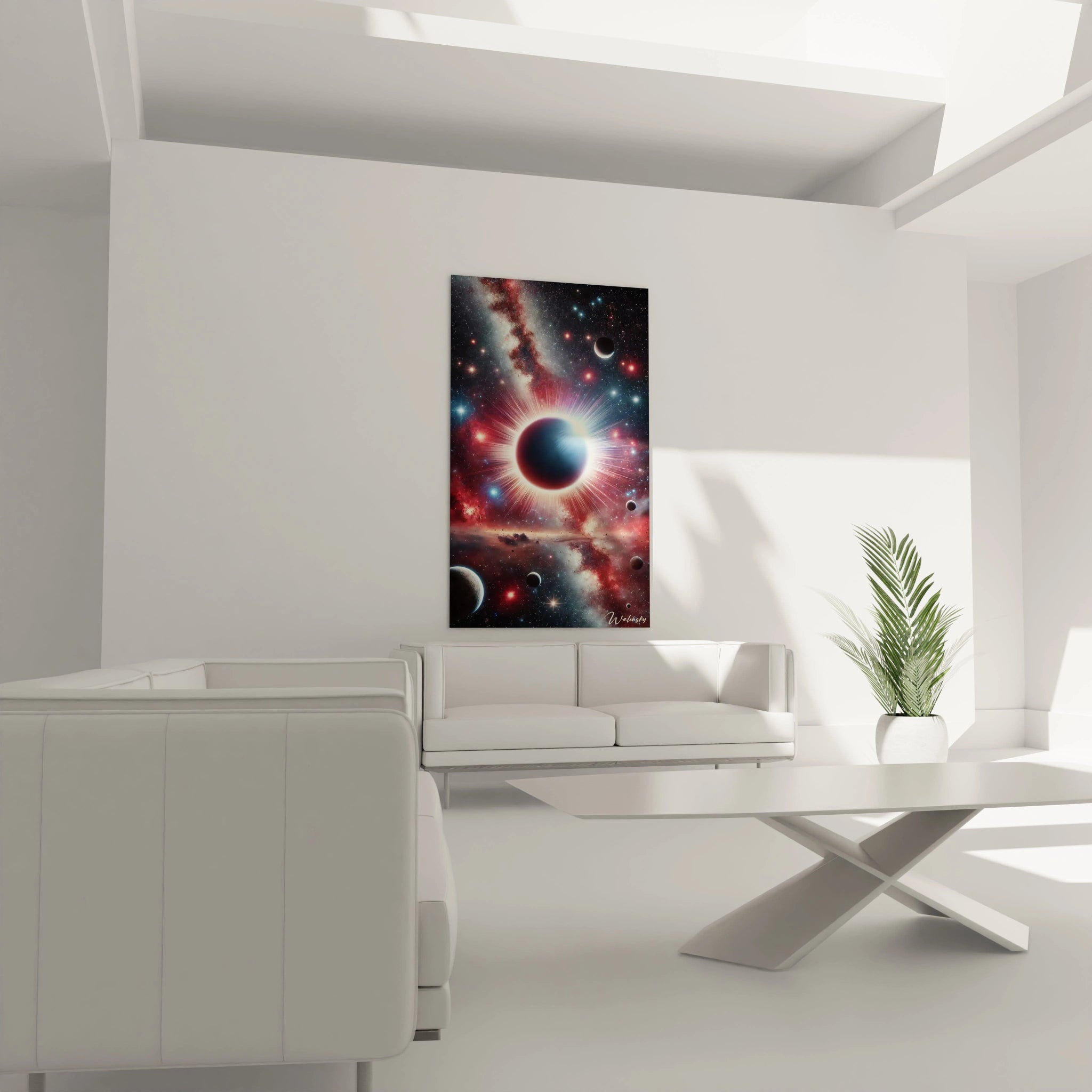 Dans un salon, ce tableau espace au-dessus du canapé offre une vue cosmique éclatante. Les halos lumineux et les étoiles rougeoyantes transforment l’espace en une fenêtre vers l’univers.