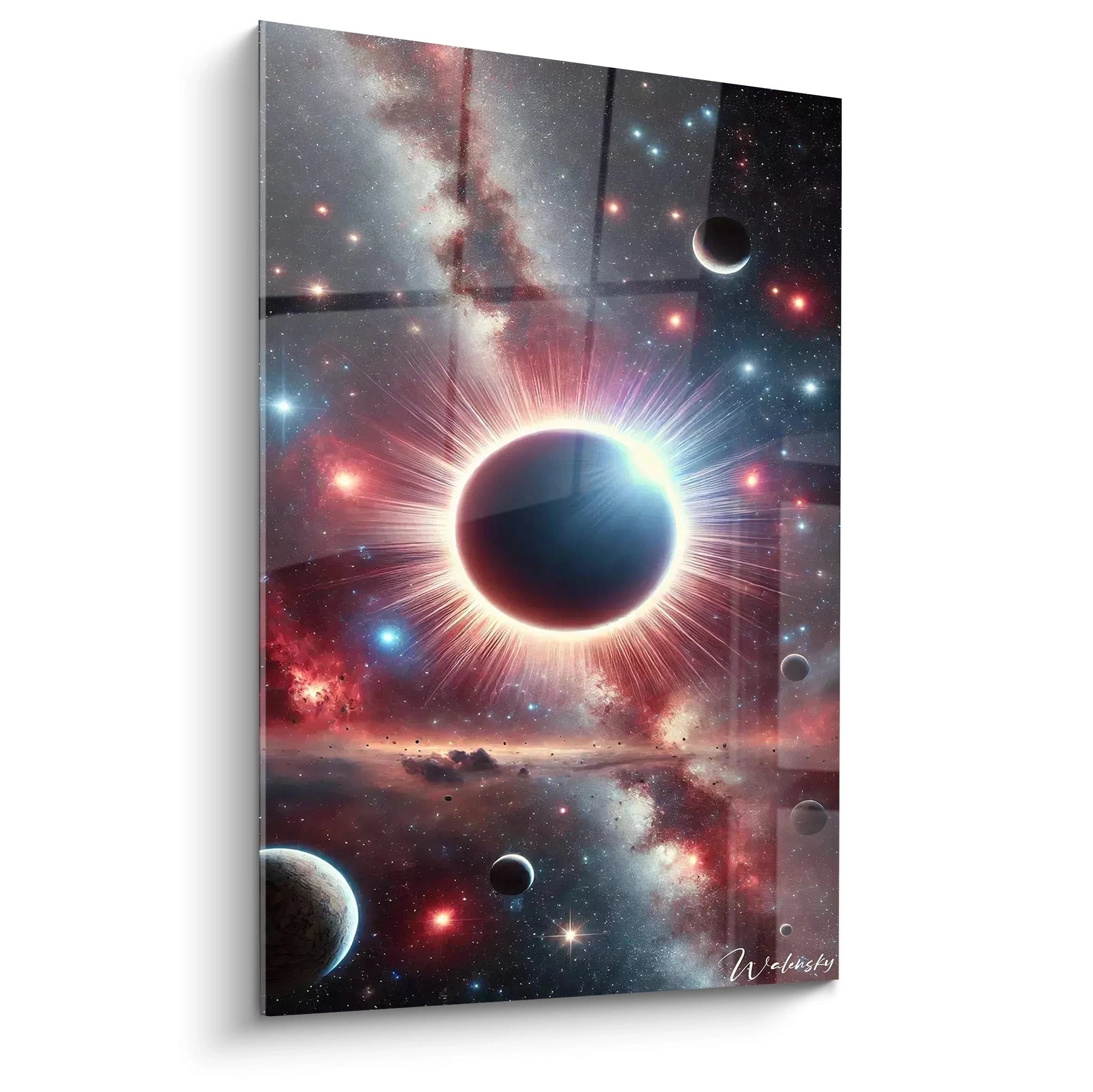 Ce tableau espace vu de biais dévoile des éclipses hypnotiques aux teintes noires, rouges et blanches. Les halos lumineux et étoiles lointaines captivent dans un style cosmique contemporain.