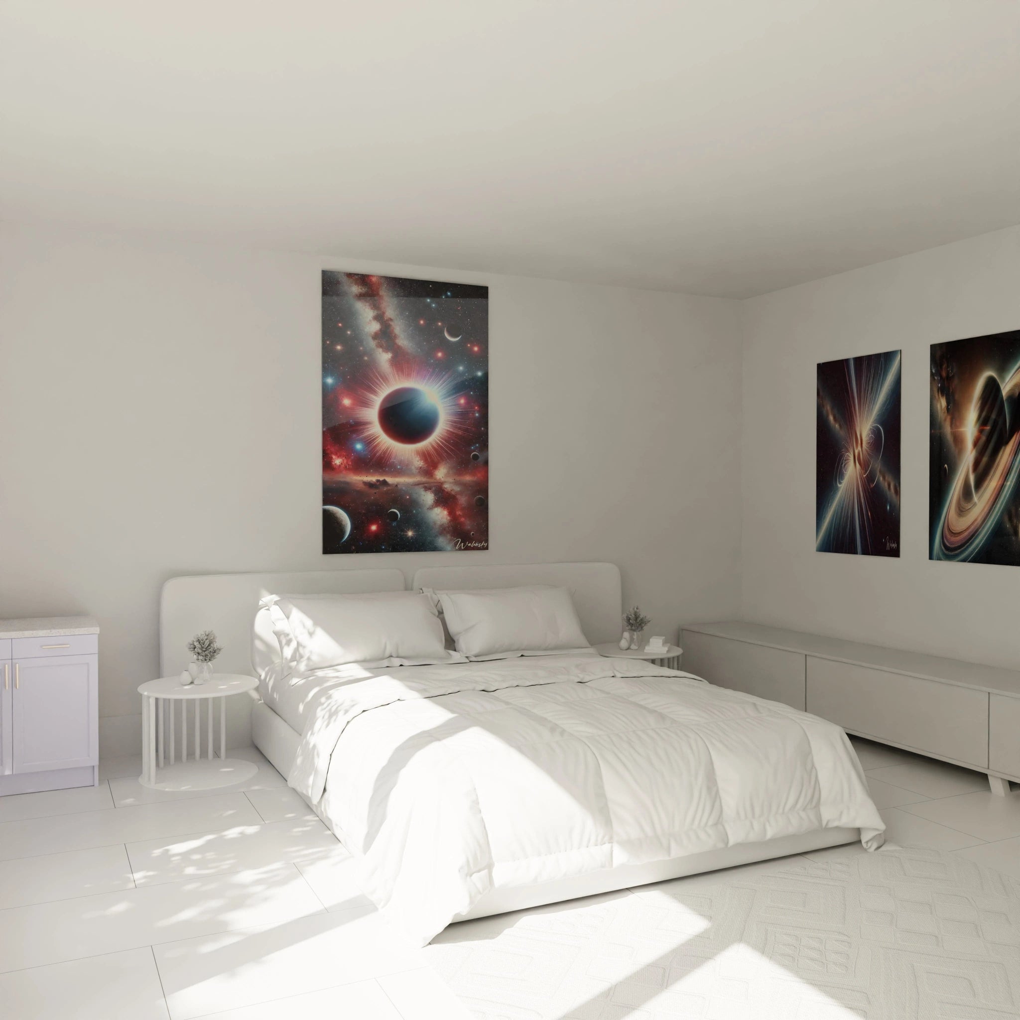 Accroché au mur dans une chambre, ce tableau espace illumine l’ambiance avec des contrastes marqués et des détails galactiques. L’effet d’éclipse invite à l’introspection et au calme.