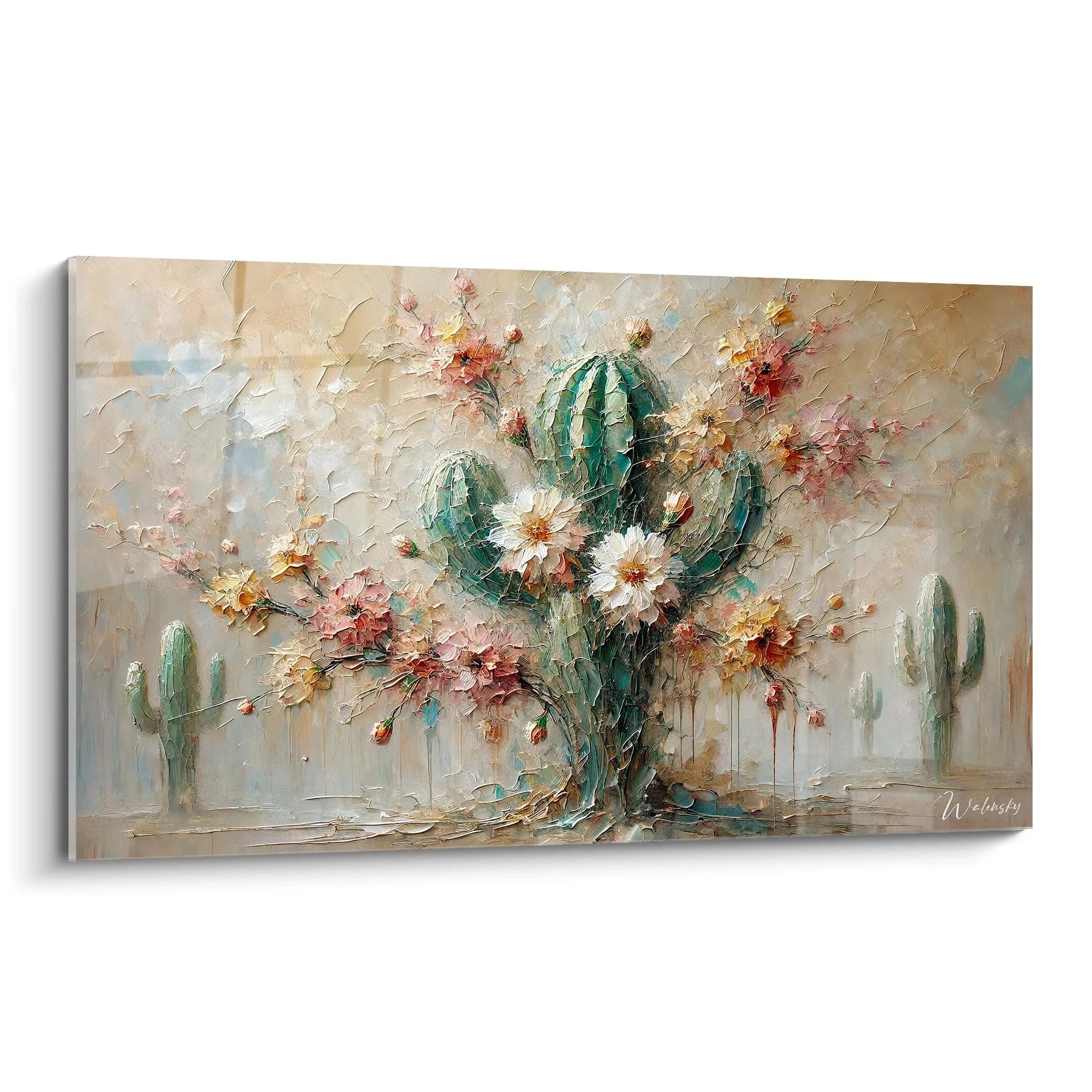Tableau cactus vue de biais montrant la texture unique et les nuances du desert Son relief sculptural evoque la rencontre entre la force du cactus et la fragilite des fleurs