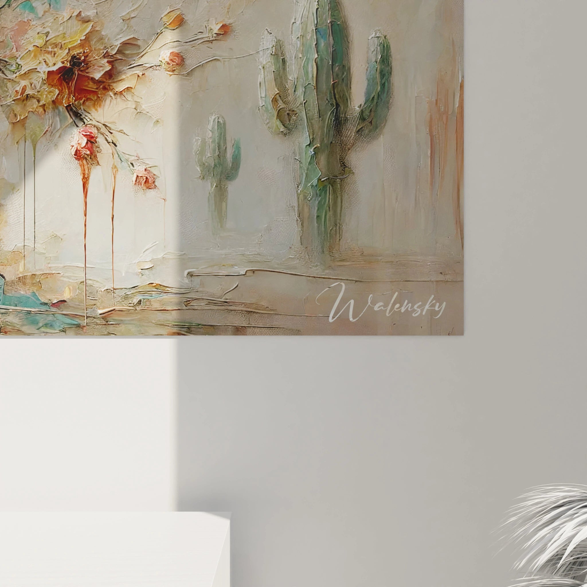 Tableau cactus en gros plan revelant des details texturaux et un melange subtil de couleurs Le vert profond et les fleurs roses evoquent une poesie sauvage