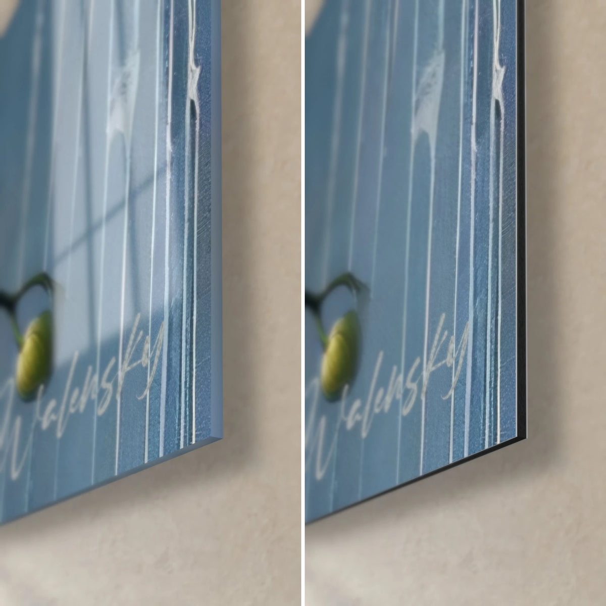 Wall art white orchid and olive-green leaf on flowing blue, bottom right corner: glossy glass on the left, matte Dibond on the right