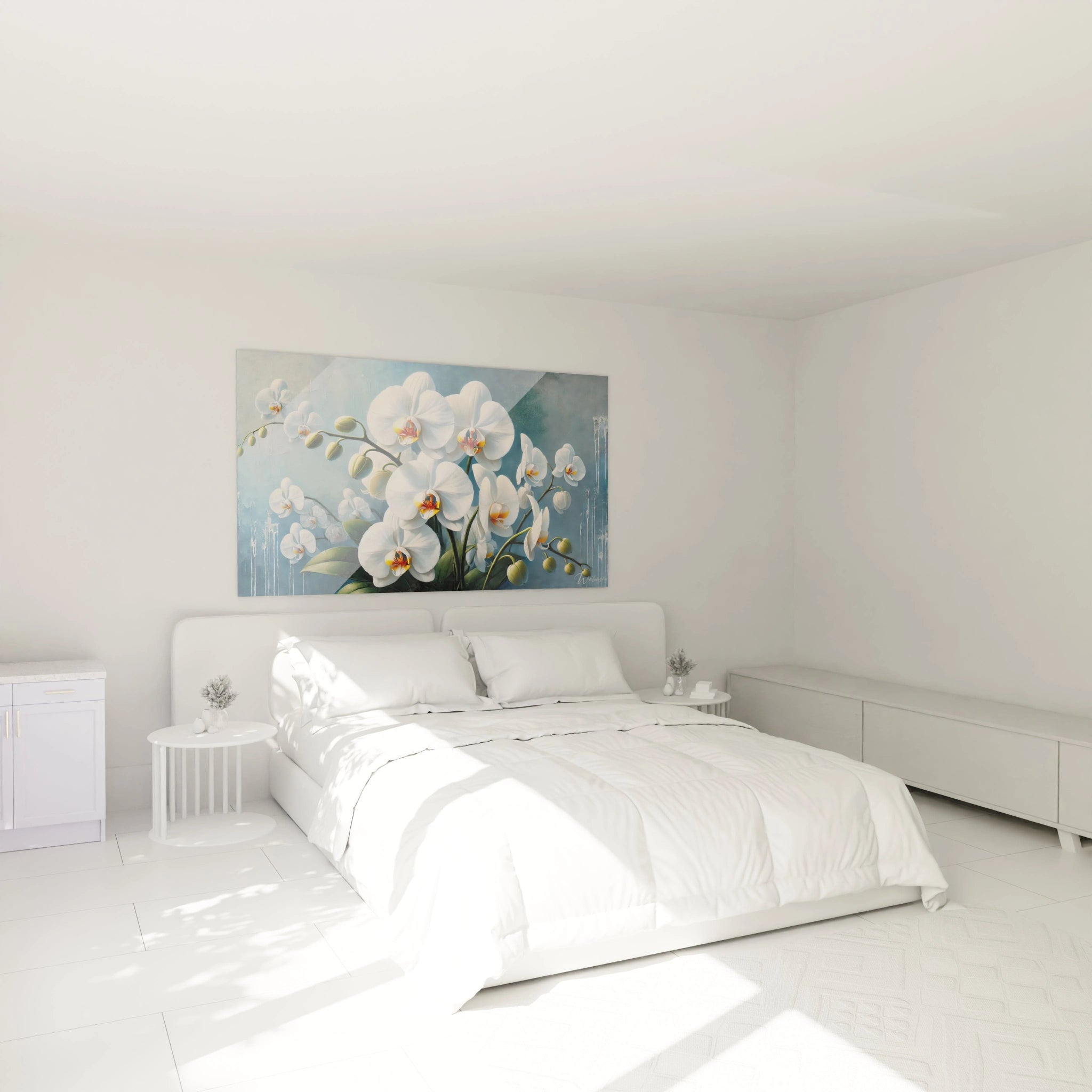 Tableau Orchidée dans une chambre : un accent de serenite au-dessus du lit. L'eclat blanc des fleurs contraste harmonieusement avec le bleu, pour une chambre empreinte de grace.
