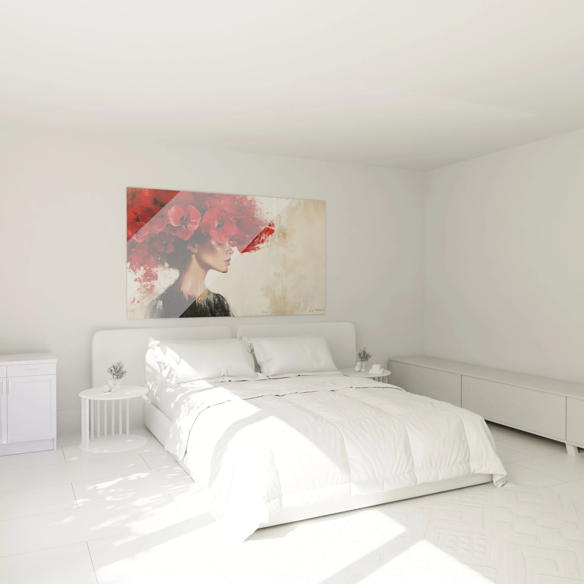 Un tableau visage floral montrant une femme de profil aux traits délicats, ornée de coquelicots rouges vibrants qui remplacent ses cheveux, créant une fusion entre humanité et nature sur un fond texturé beige avec des transitions de tons subtiles.