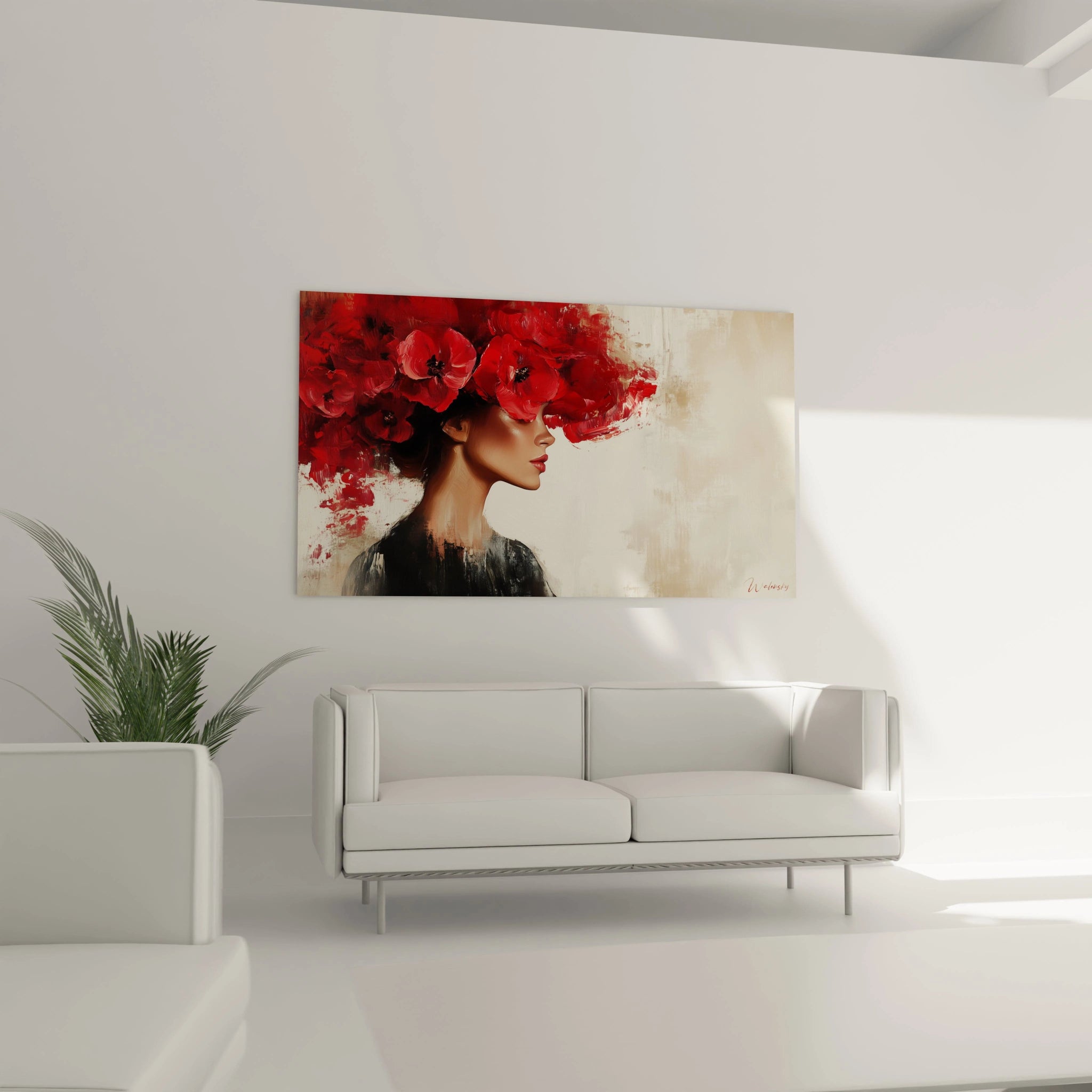 Un tableau portrait rouge représentant une silhouette féminine de profil avec des coquelicots écarlates qui jaillissent de sa tête, utilisant une technique d'empâtement pour les fleurs et des touches plus fluides pour le visage sur un fond neutre texturé.