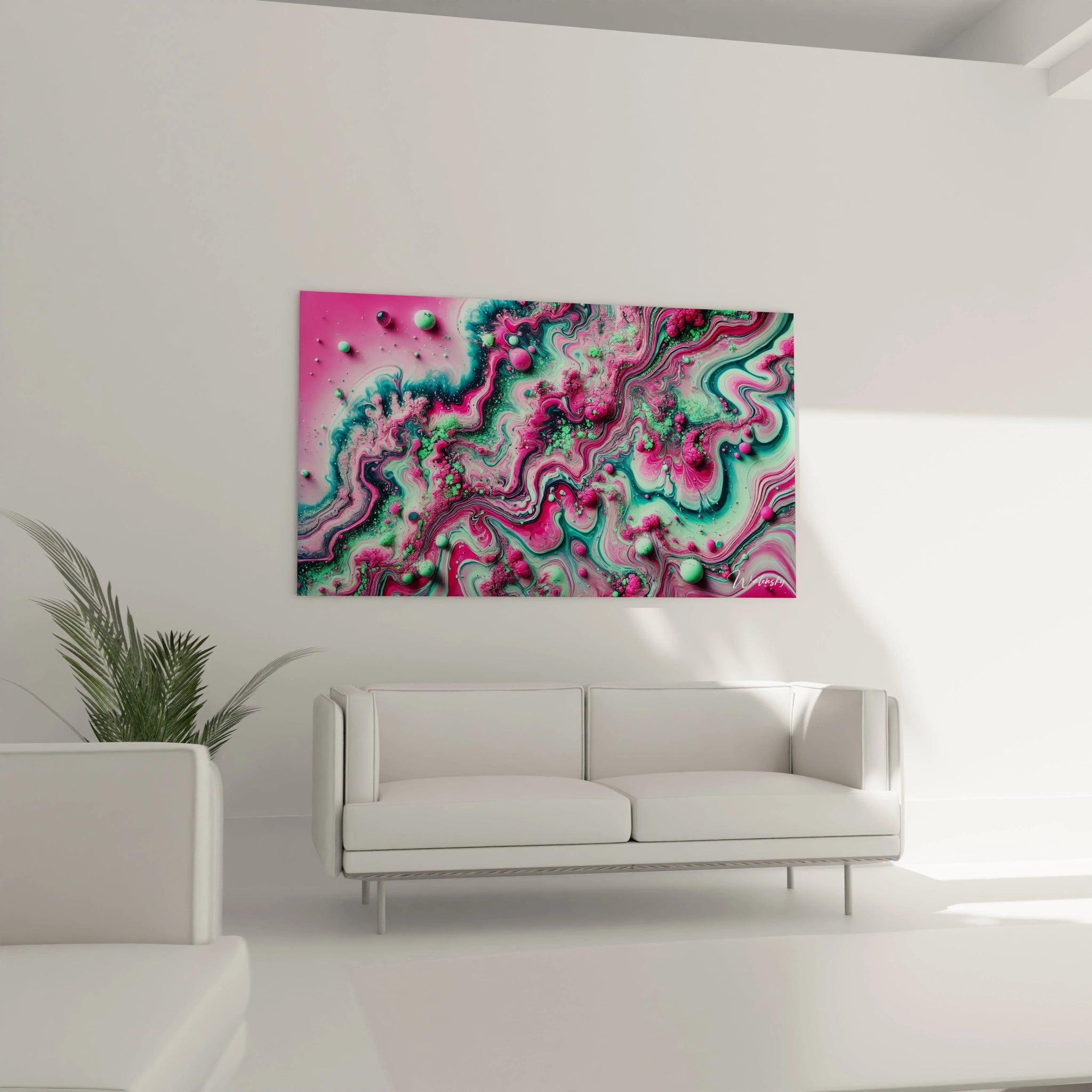 Accroché au-dessus du canapé, ce tableau style epoxy donne vie au salon avec son tourbillon de couleurs et de textures contrastées. L'œuvre respire la spontanéité et la vitalité, attirant tous les regards.