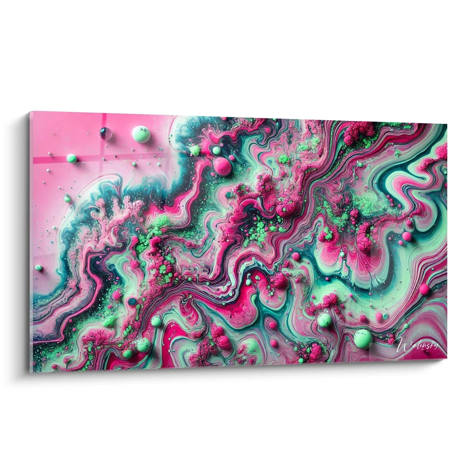 Tableau style epoxy vu de biais, où les couleurs vives de rose, vert et noir se mélangent dans une explosion de formes organiques et fluides, capturant l'énergie d'une danse visuelle abstraite.