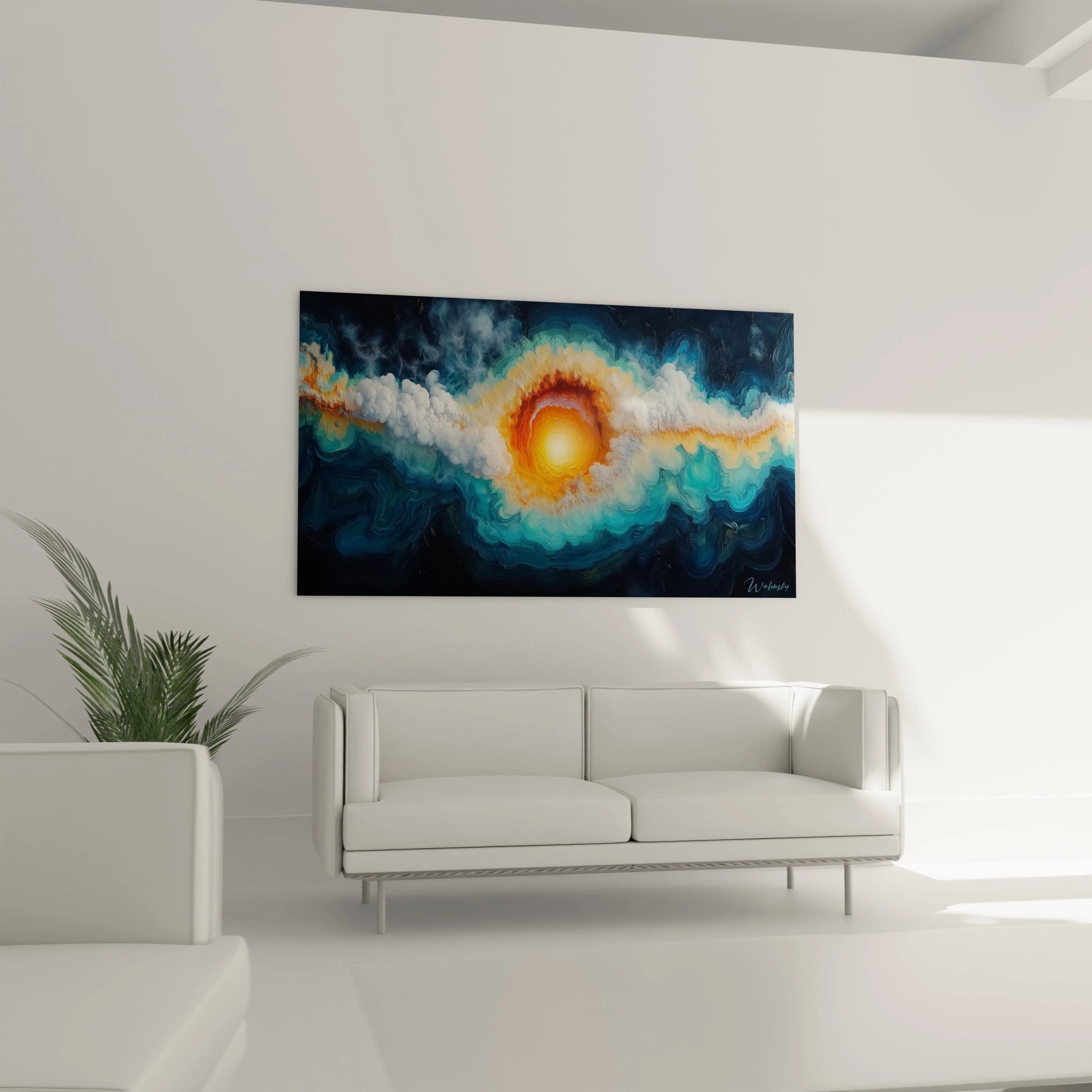 Un tableau abstrait de paysage céleste capturant une nébuleuse solaire dorée au cœur d'un vortex bleu marine, parsemé de nuages blancs éthérés et de textures ondulantes évoquant un phénomène astronomique.