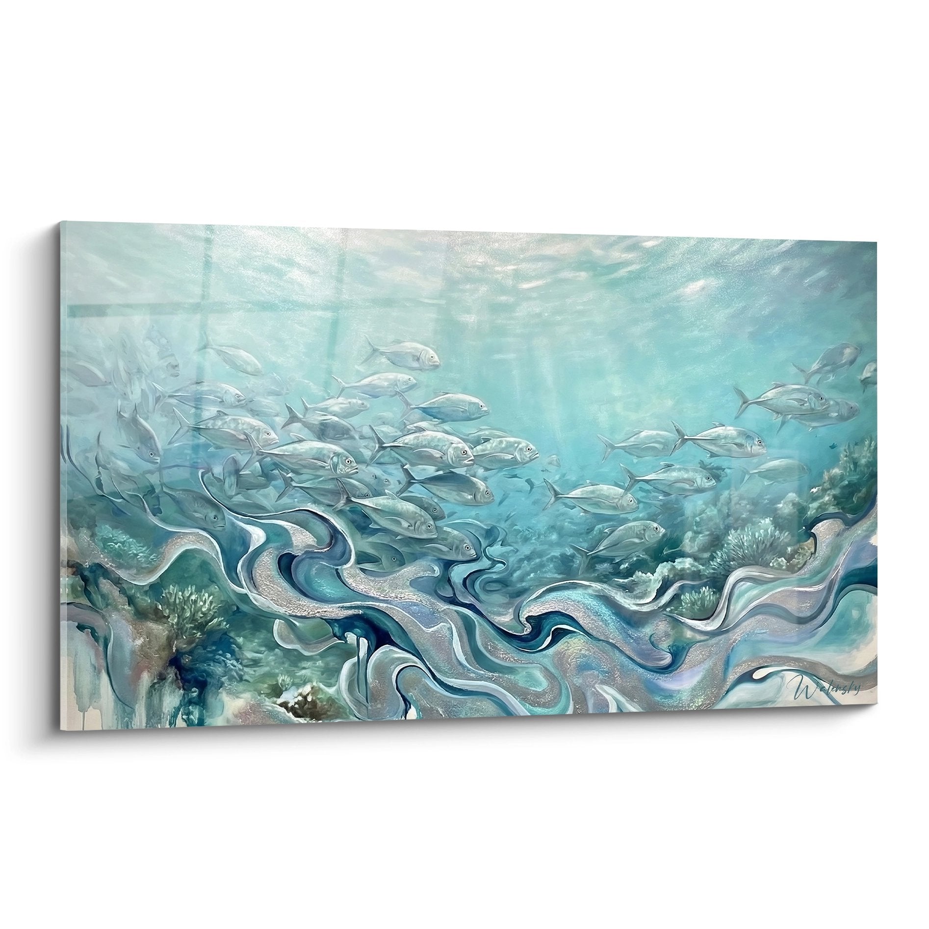 Tableau école de poissons argentés dans remous turquoise rivière pêche eaux vives art aquatique