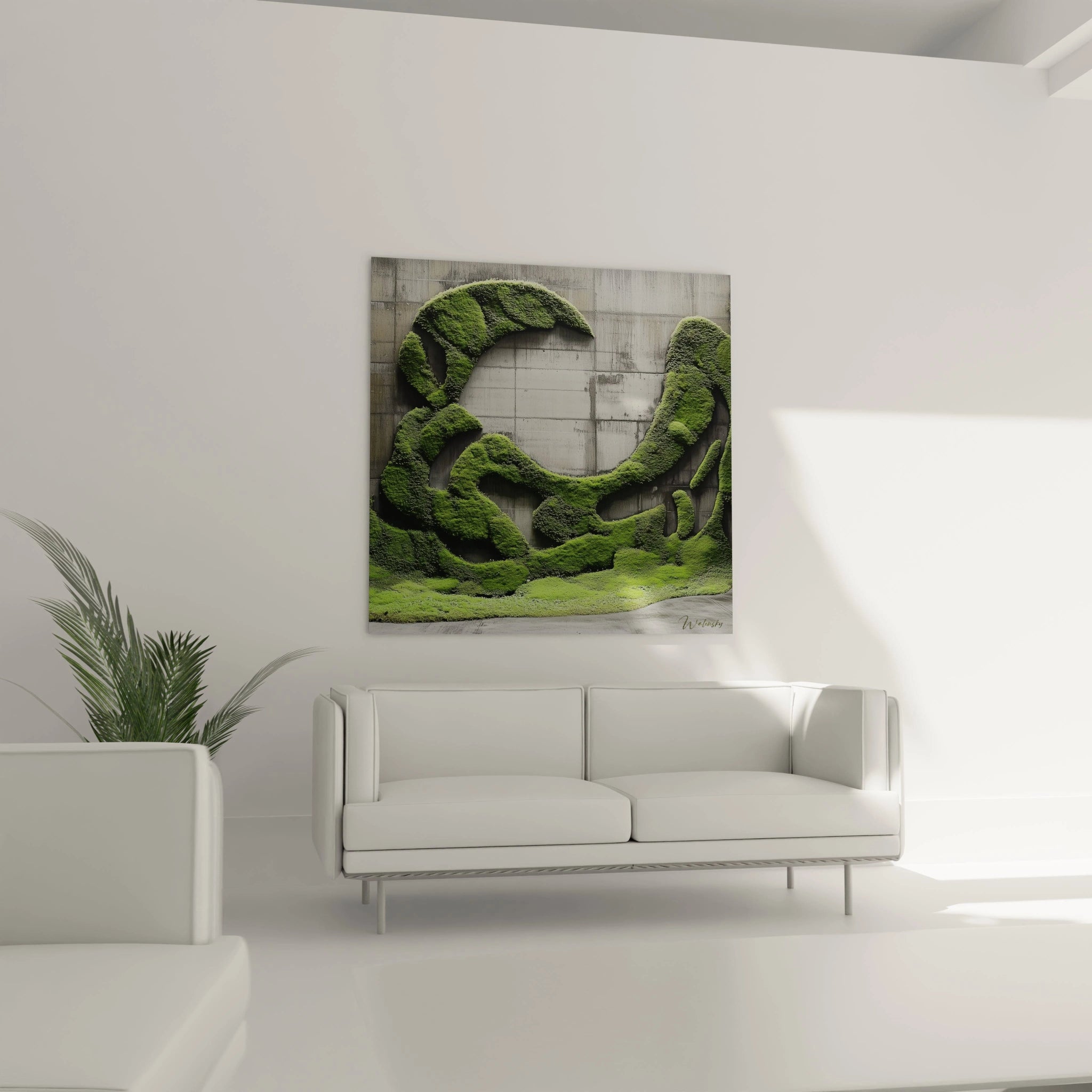 Un tableau mousse végétale présentant un motif arrondi de verdure en relief sur surface grise industrielle, où les nuances d'émeraude et de vert foncé créent une impression de mouvement spiralé, symbolisant la nature qui reprend ses droits.