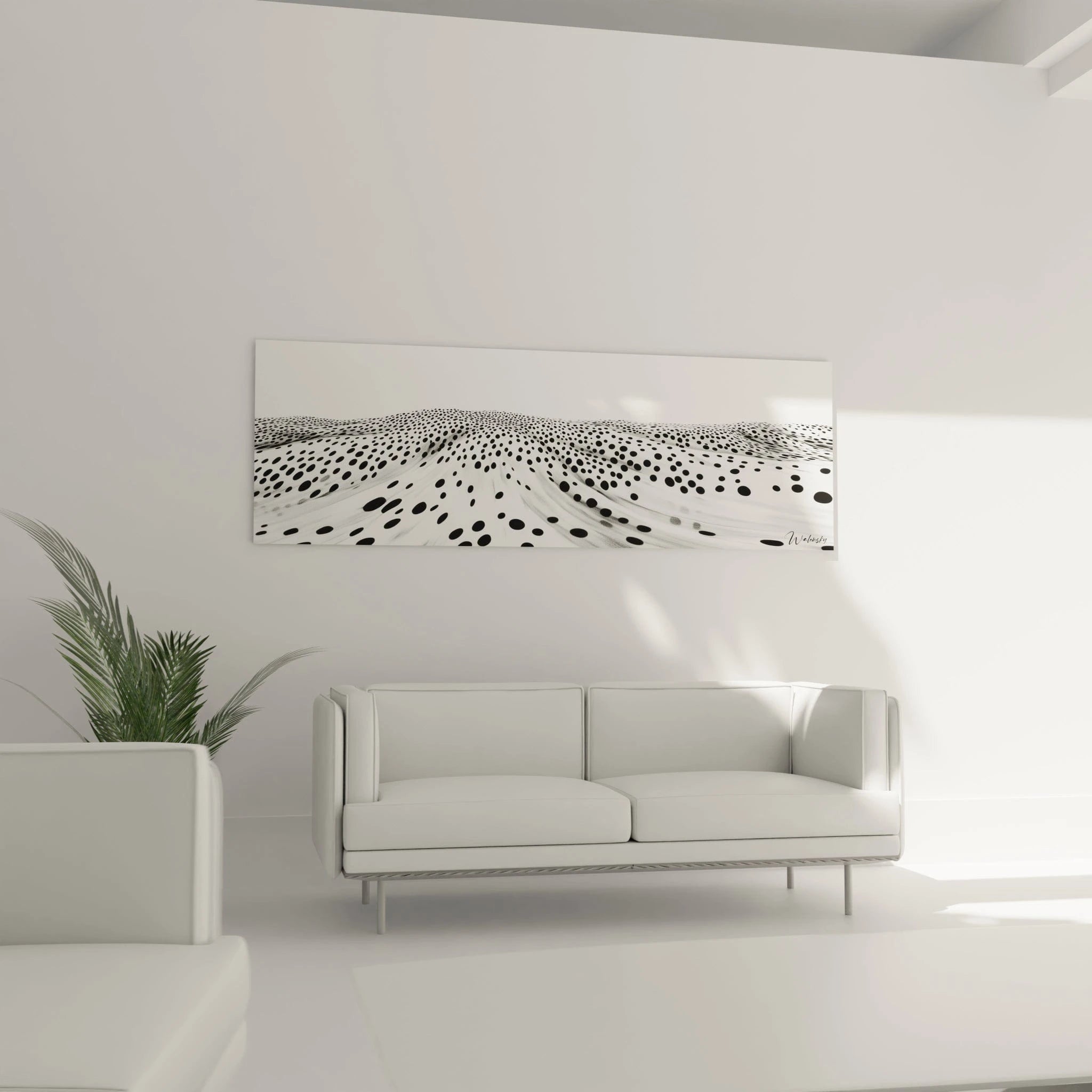 Tableau tacheté noir et blanc de Walensky qui dépeint un paysage abstrait sur un mur moderne