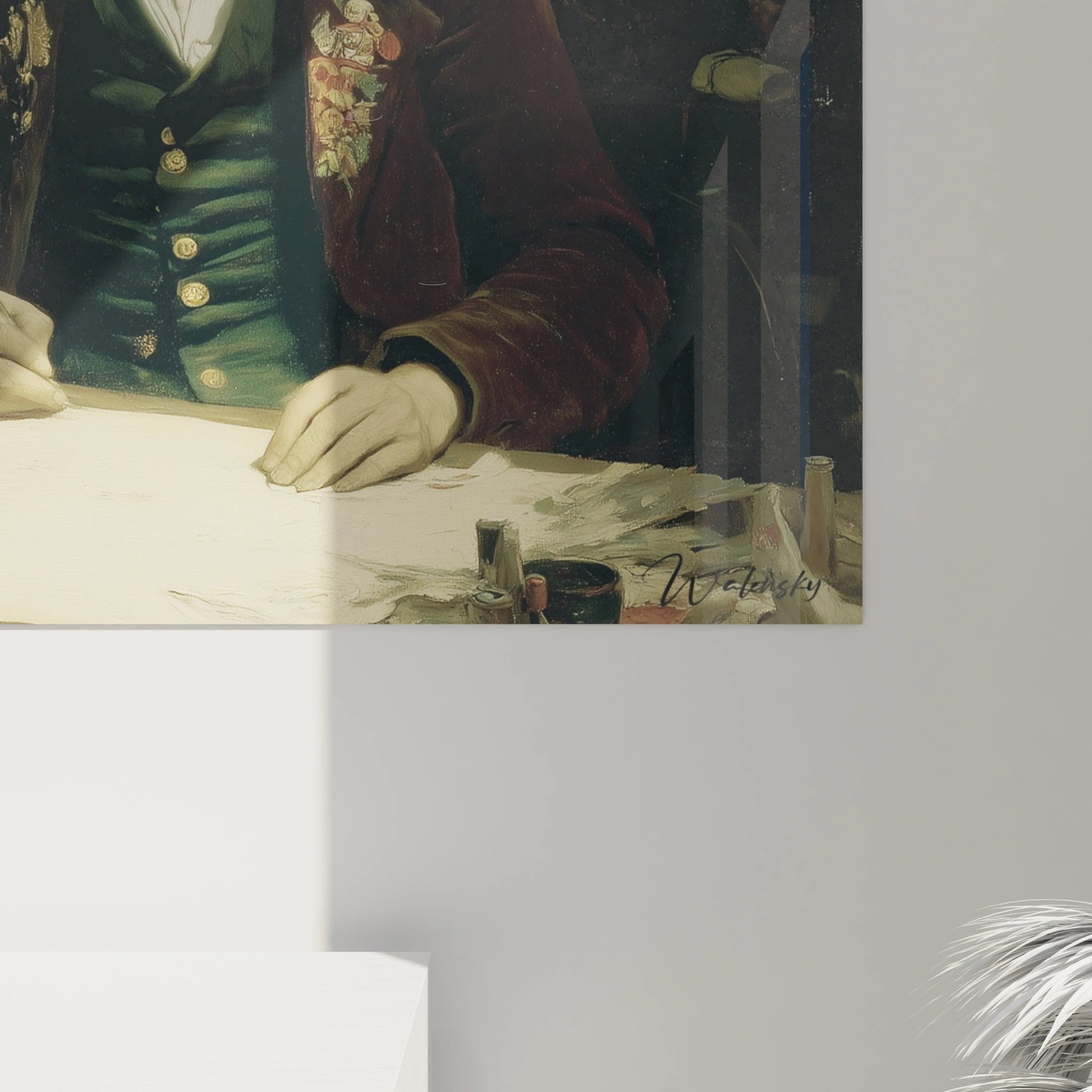 Tableau mural montrant un écrivain à barbe argentée assis au bureau avec plume et encrier, tableau écrivain barbe argentée