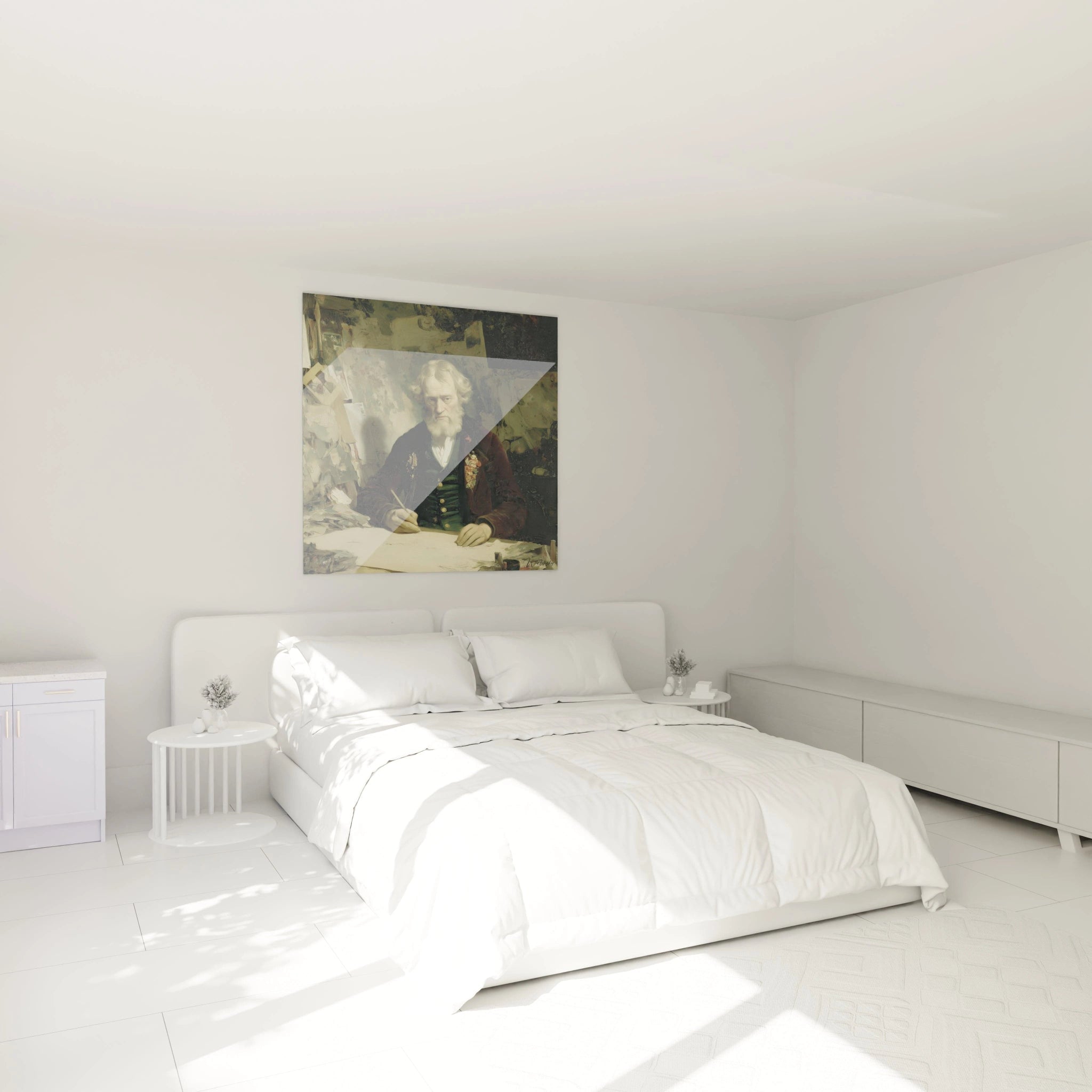 tableau écrivain barbe argentée Walensky accroché au dessus du lit blanc dans une chambre minimaliste et lumineuse