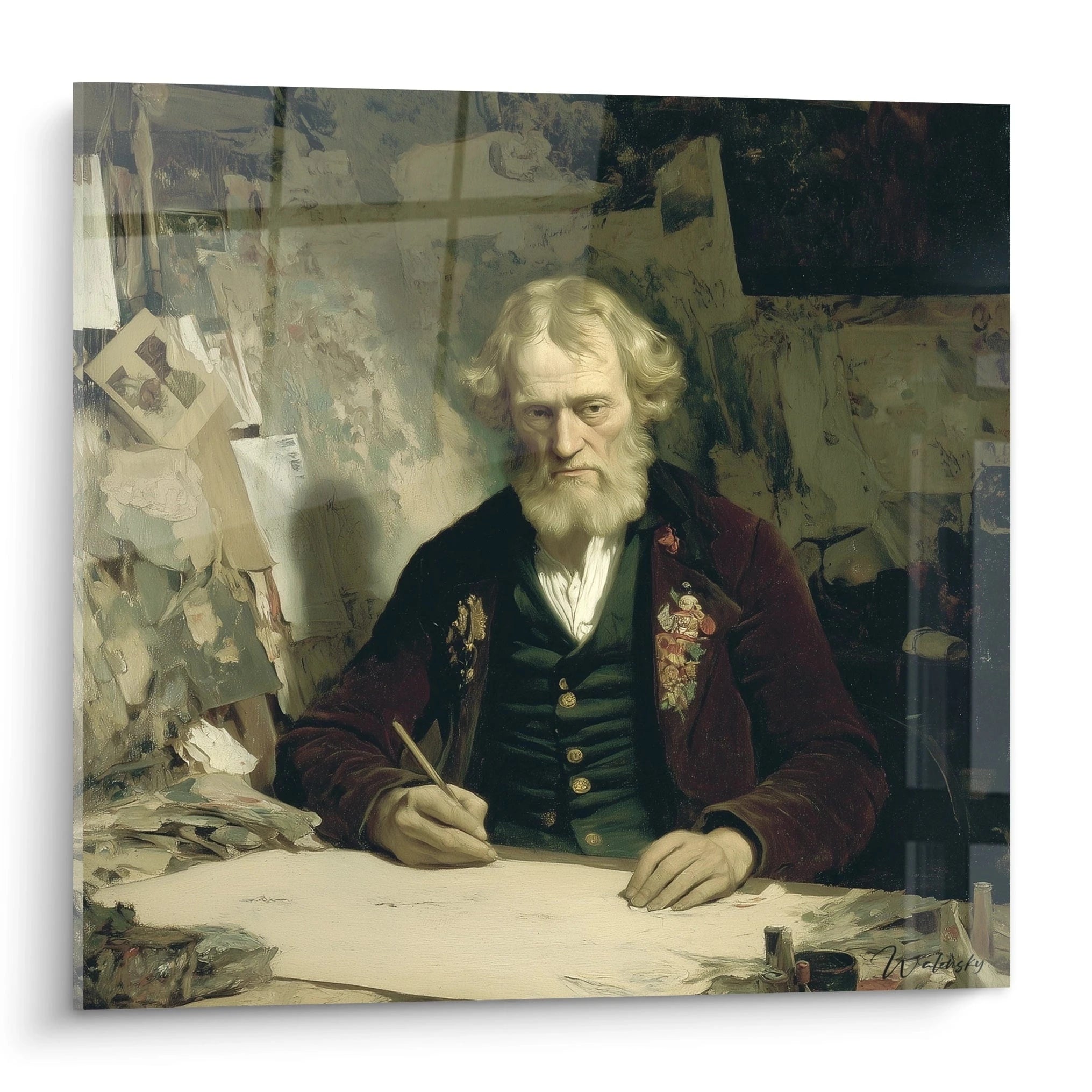 Tableau mural Walensky d'un écrivain en atelier penché sur sa feuille avec plume, tableau écrivain barbe argentée