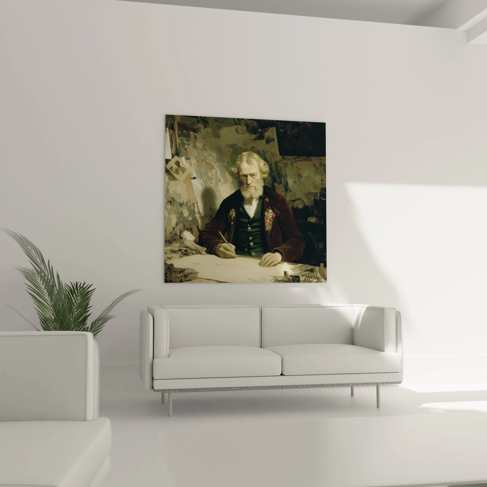 Tableau mural Walensky d un écrivain aux cheveux blancs écrivant au dessus d un canapé blanc tableau écrivain barbe argentée