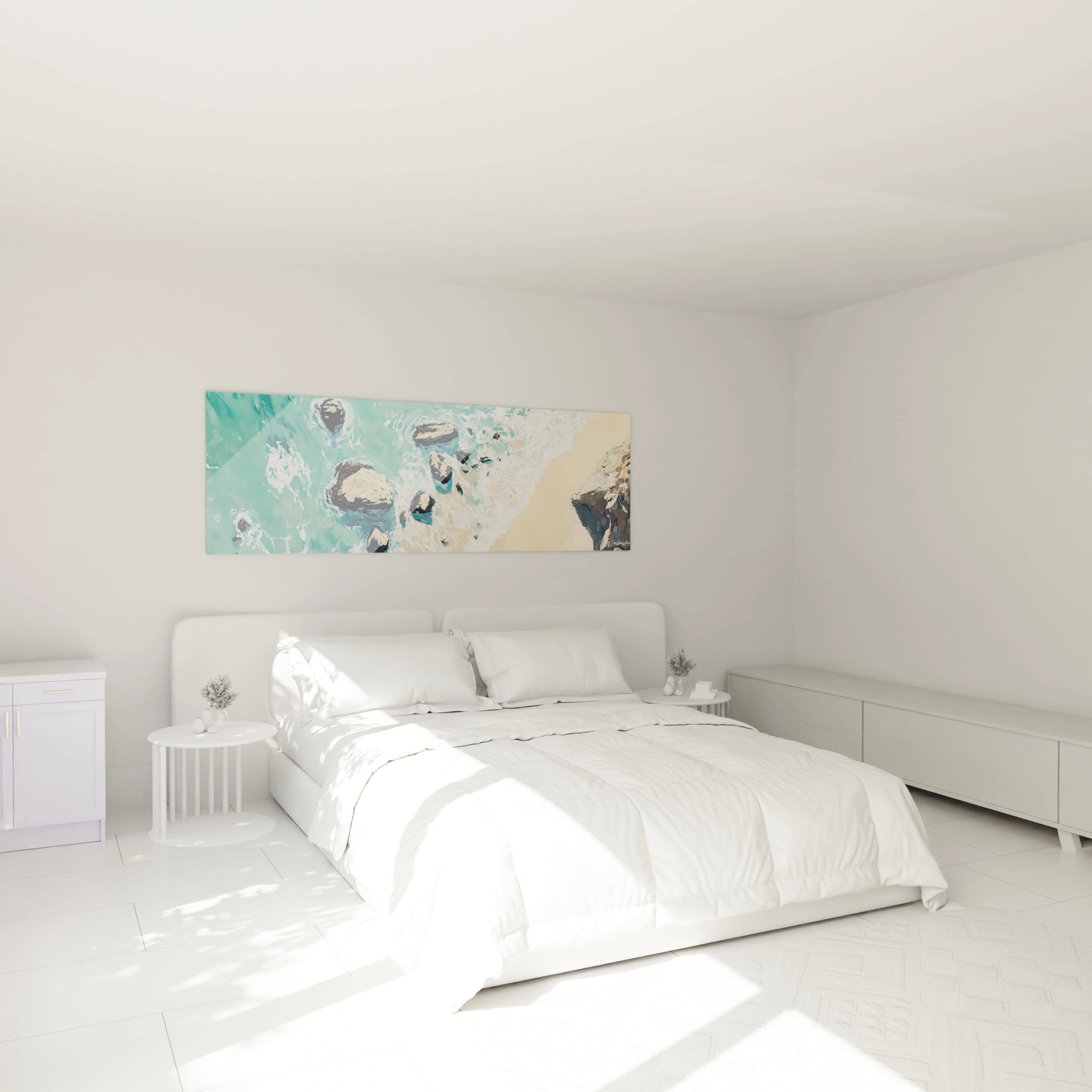 Un tableau plage aux teintes turquoise captant la rencontre entre mer cristalline et rochers sombres striés de beige, avec écume blanche formant des motifs organiques autour des pierres, complété par une bande de sable doré dans l'angle.