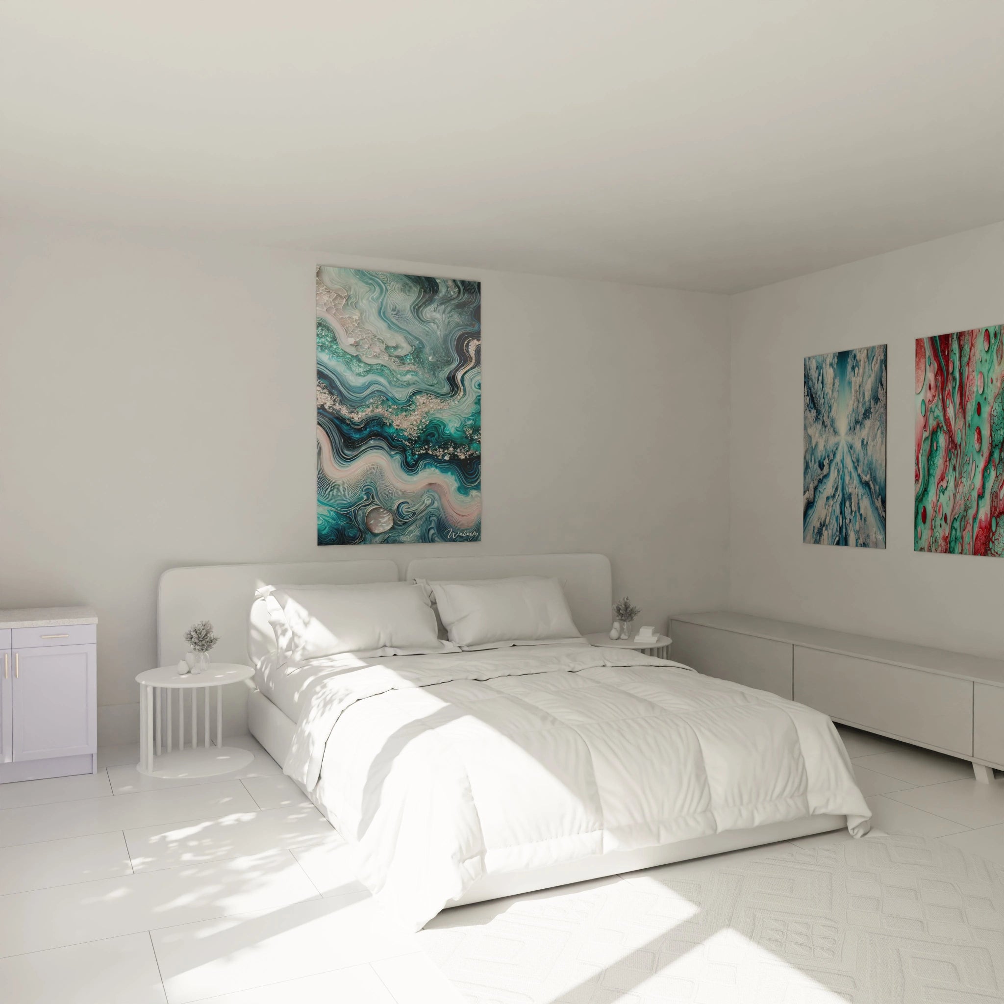 Tableau style epoxy suspendu au-dessus du lit dans une chambre. Ses courbes douces et ses teintes de bleu et beige apportent sérénité et détente, créant une atmosphère relaxante pour la chambre.