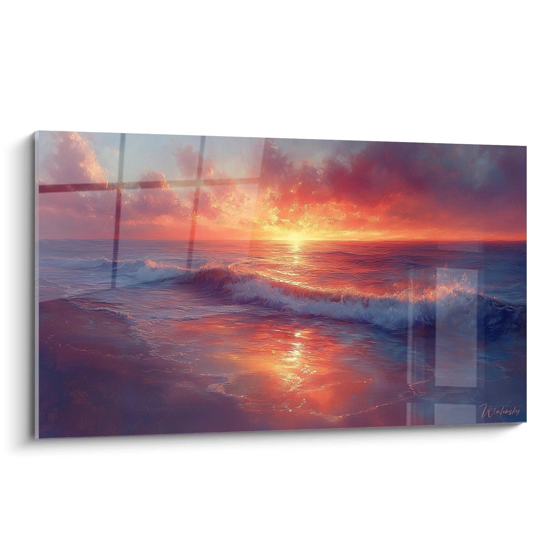 Un tableau coucher de soleil maritime montrant un ciel orange et rouge intense avec des nuages dramatiques, un soleil doré à l'horizon se reflétant sur l'océan bleu, des vagues douces sur une plage sablonneuse, et des textures riches dans les transitions lumineuses.