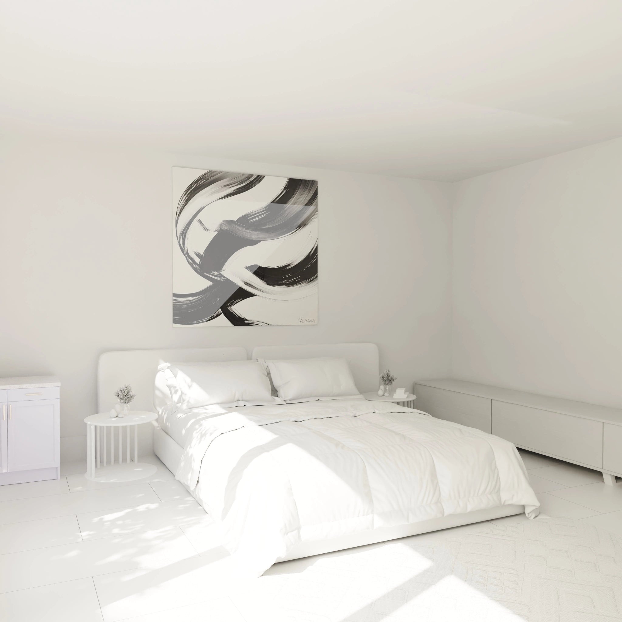 Un tableau rayures noir et blanc minimaliste composé de larges courbes calligraphiques. Les traits noirs intenses suivent un mouvement ondulant et expressif, créant une tension visuelle par contraste avec le blanc immaculé du fond et des variations subtiles de transparence dans l'encre.