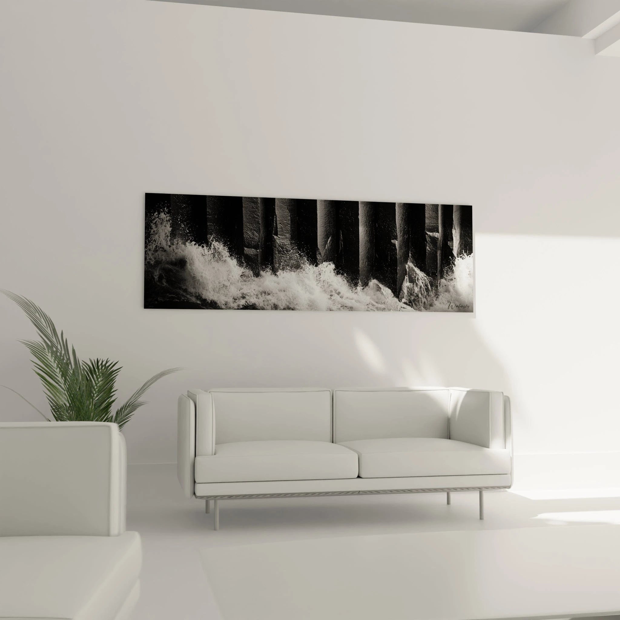 Tableau expressionniste abstrait en noir et blanc de Walensky avec des vagues sur un mur moderne