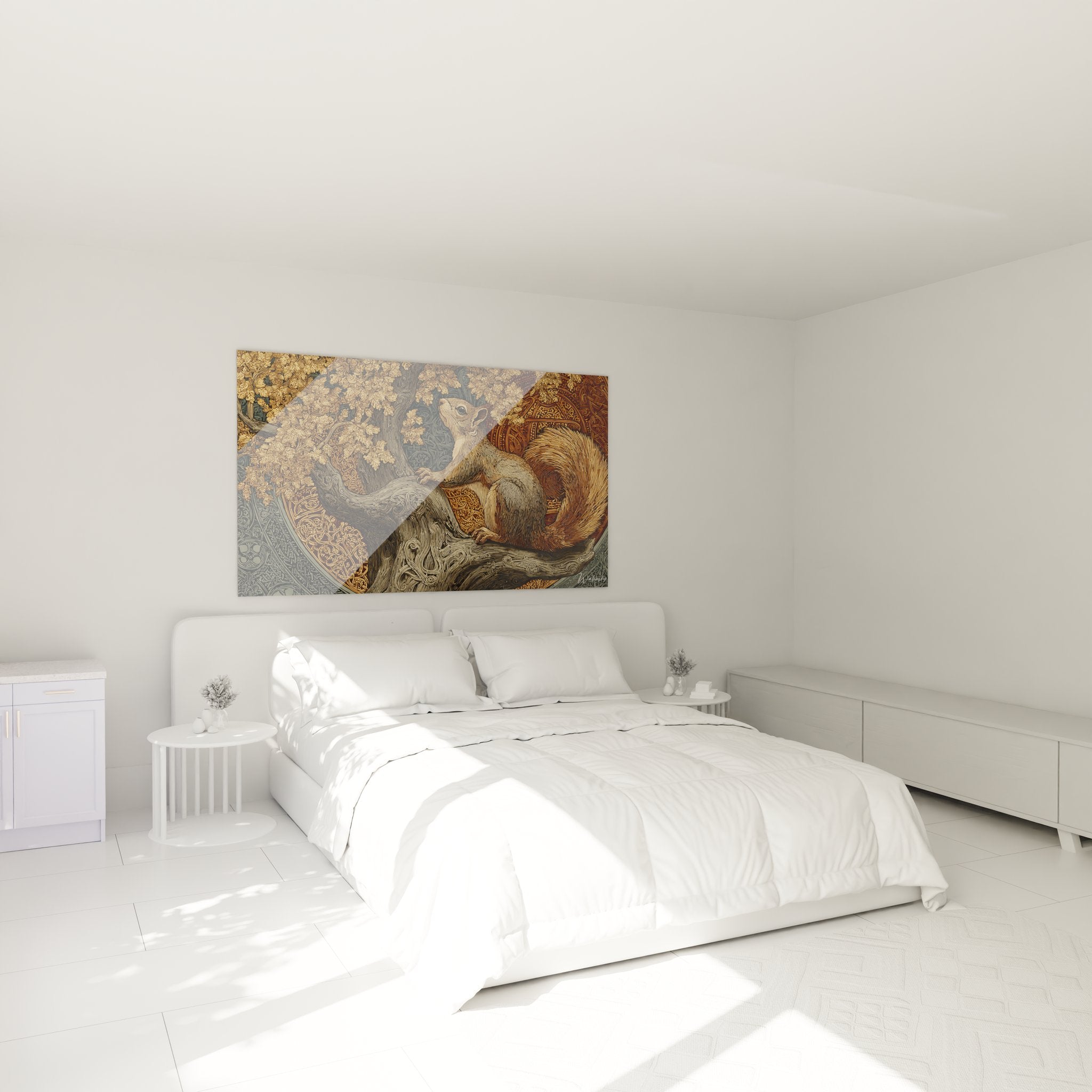 Ambiance chambre avec tableau écureuil art décoratif aux tons dorés et motifs celtiques sur mur moderne