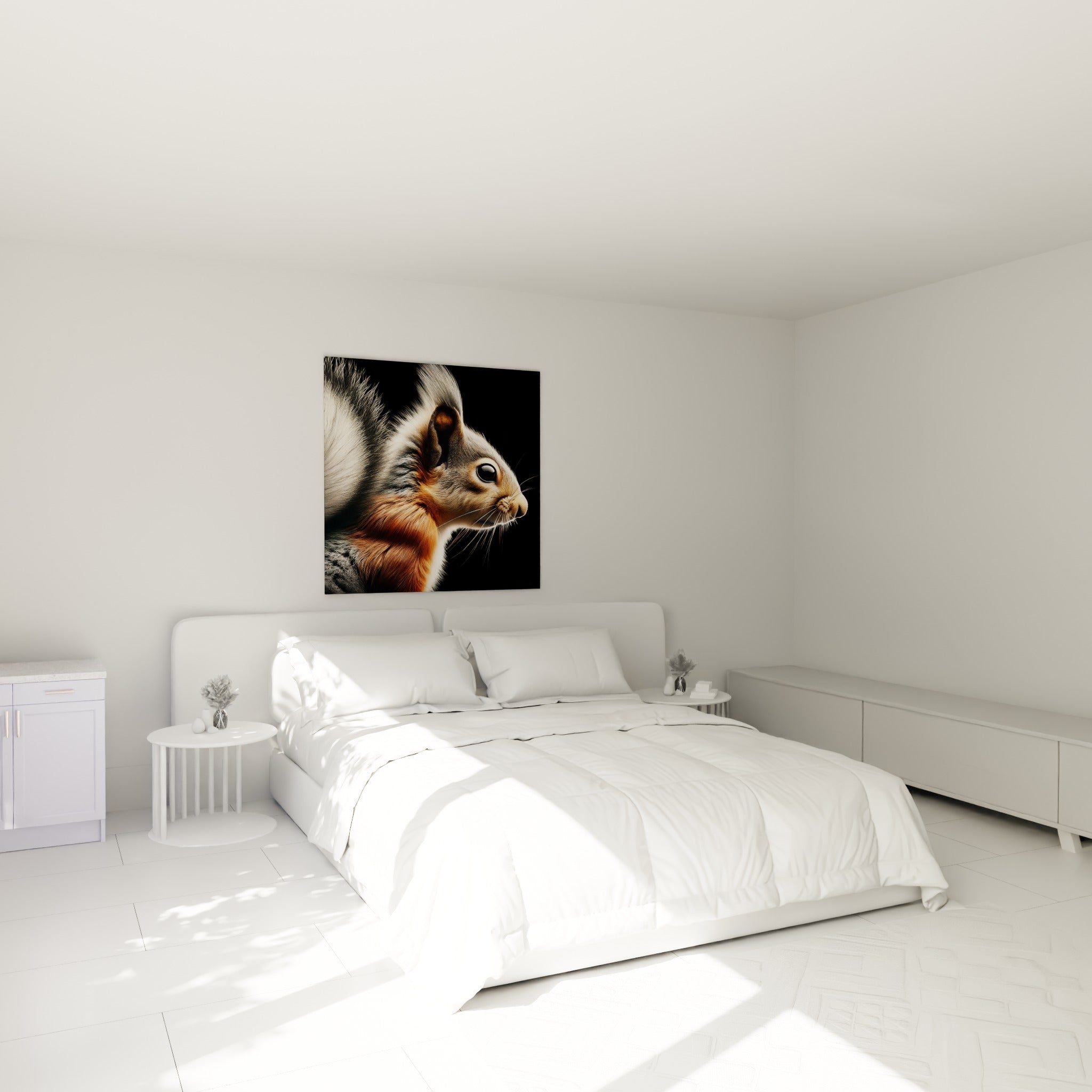 Écureuil fauve aux oreilles orangées et fourrure blanche, accroché au-dessus d'un lit dans une chambre claire
