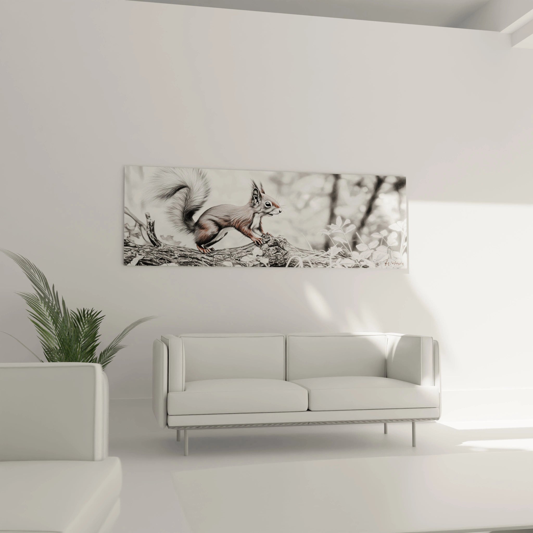 Tableau écureuil Walensky accroché au mur d'un salon moderne et lumineux