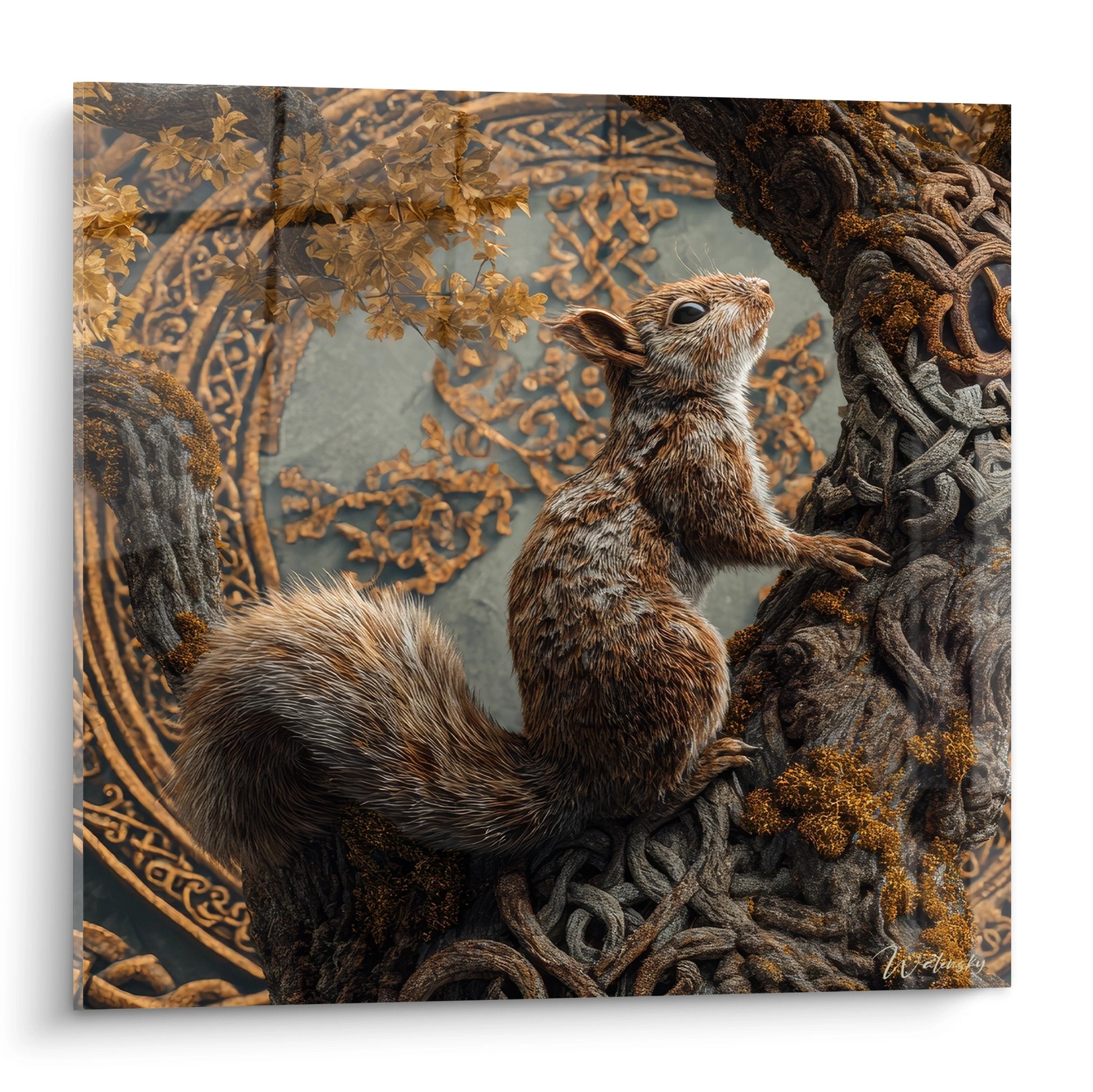 Tableau mural écureuil aux ornements celtiques dorés sur branches sculptées style art décoratif