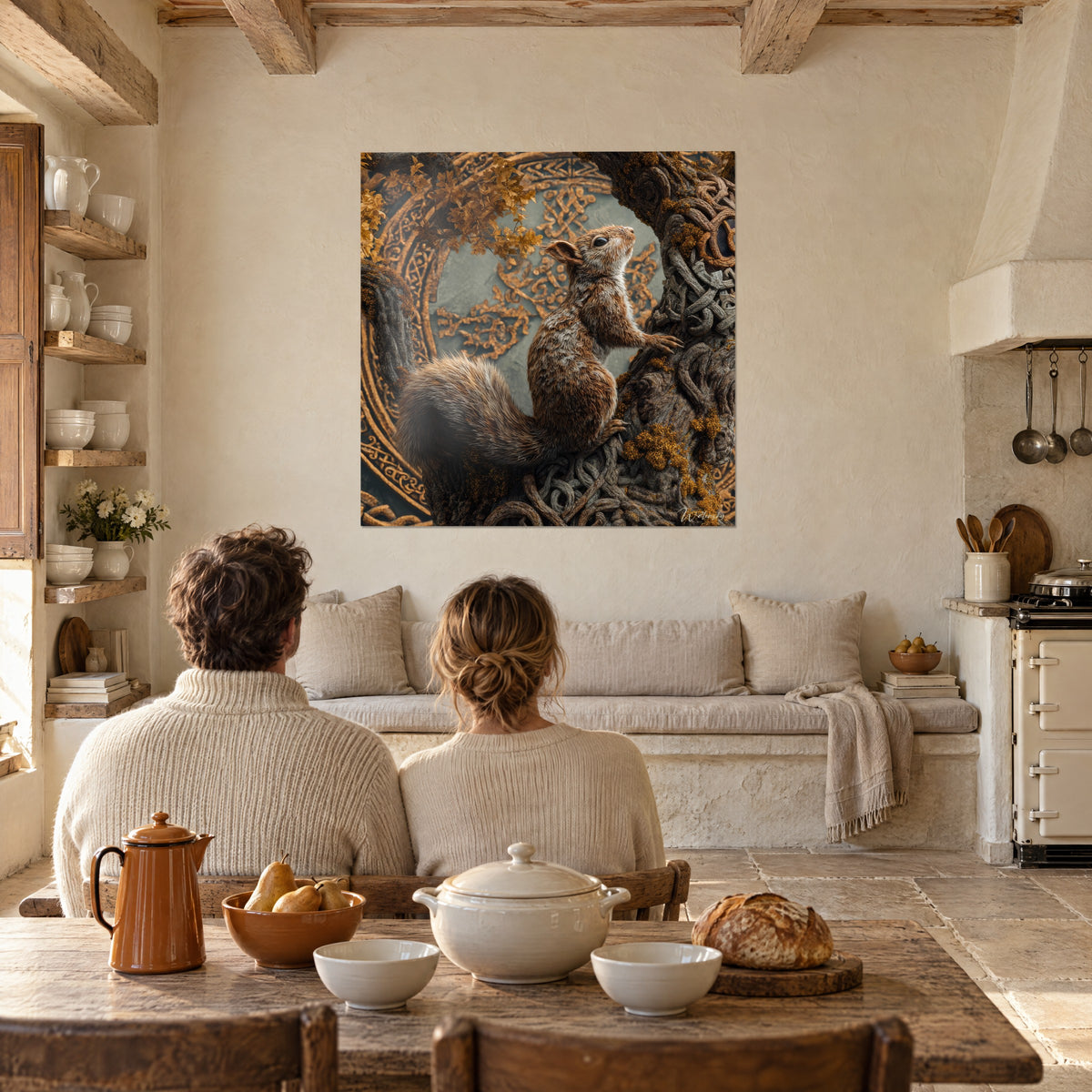 Wall art plume-tailed creature, brown and white fur, saffron moss on grey bark, in a rustic stone kitchen