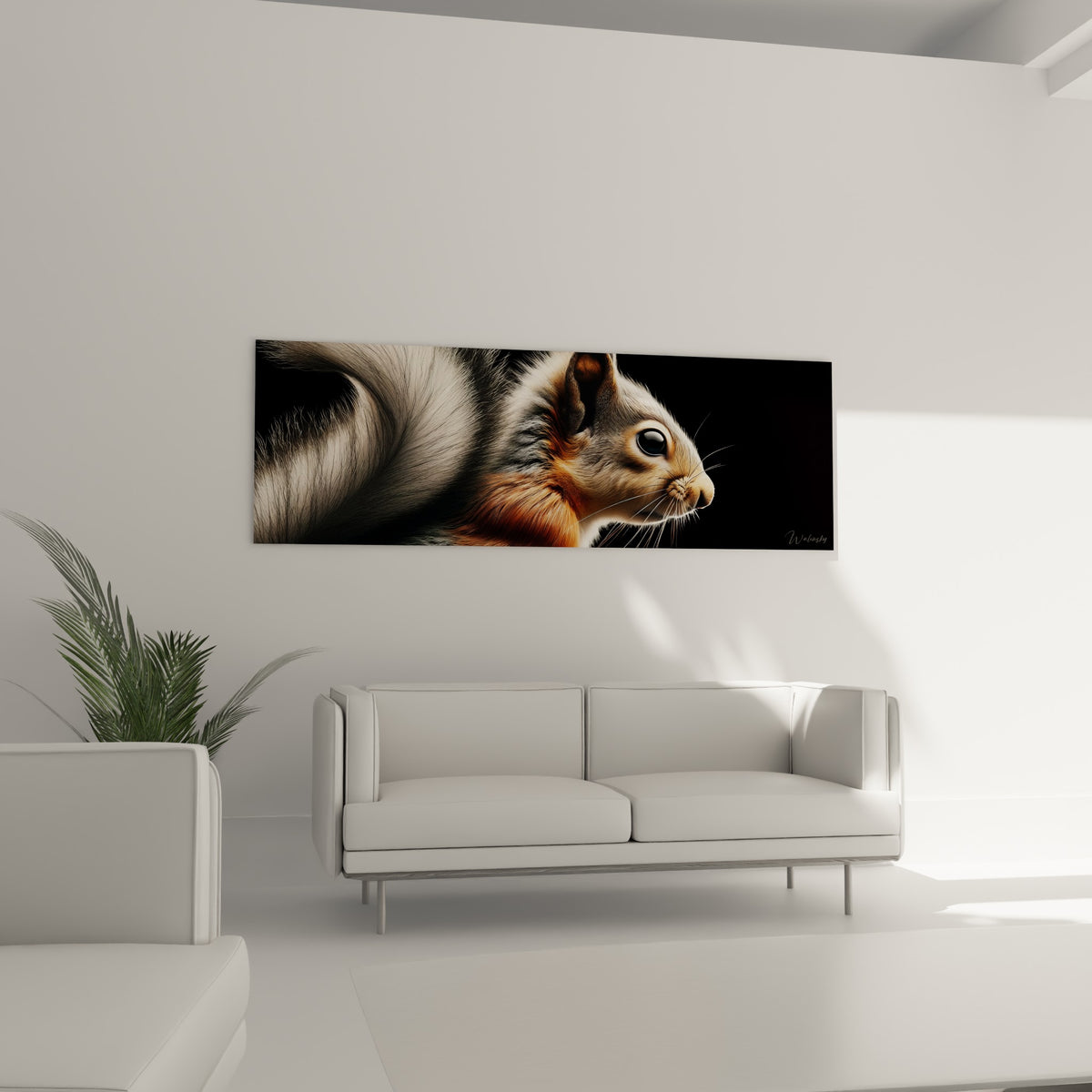 Regard perçant de l'écureuil roux, touches orangées et grises, au-dessus d'un canapé dans un salon lumineux