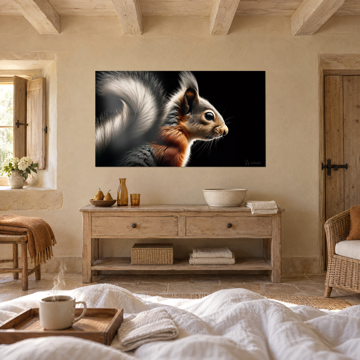 Tableau petit mammifère à la queue panachée blanche et grise, poitrail roux, fond noir, au-dessus d'un lit dans une chambre claire