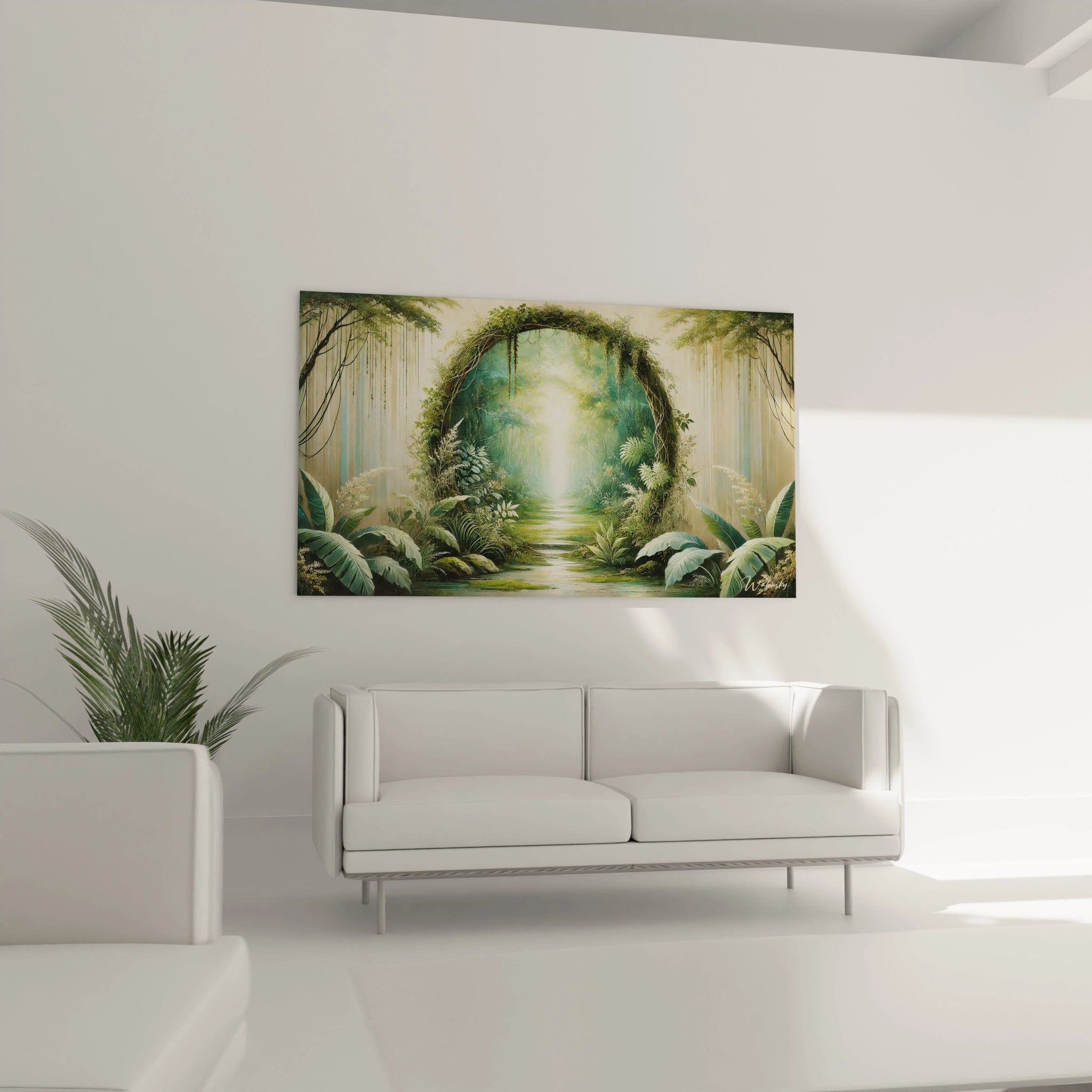 Ce tableau jungle embellit votre salon, accroché au-dessus du canapé. Ses nuances de vert et ses reflets dorés apportent une touche de nature et de sérénité à votre espace.