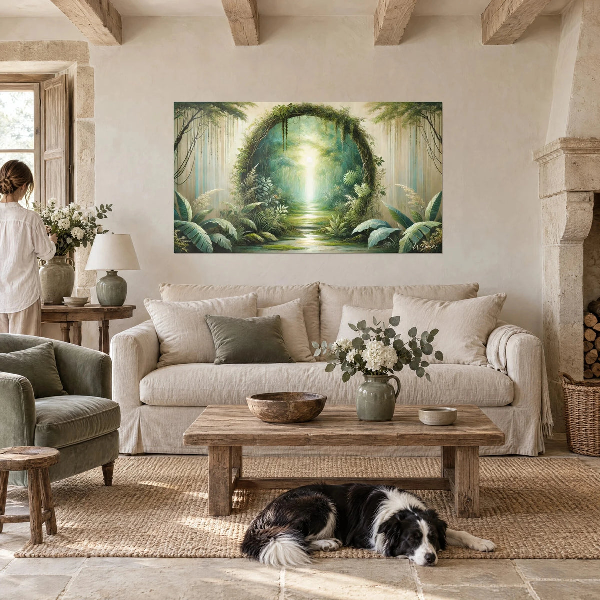 Wall art vine arch opening onto a soft green path and a pale sun, collie lying below, above a sofa in a bright living room