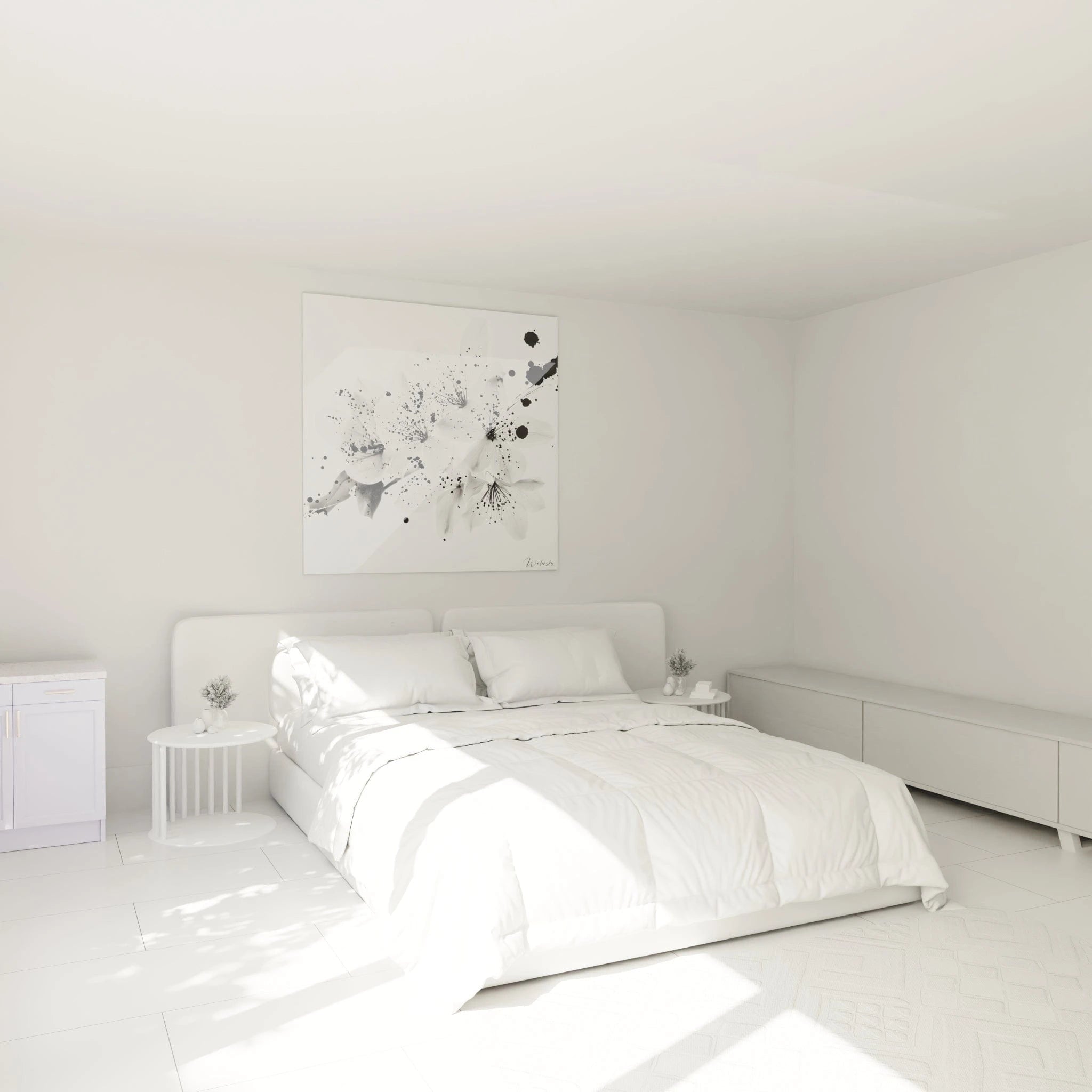 Tableau tacheté noir et blanc Walensky décorant une chambre moderne lumineuse